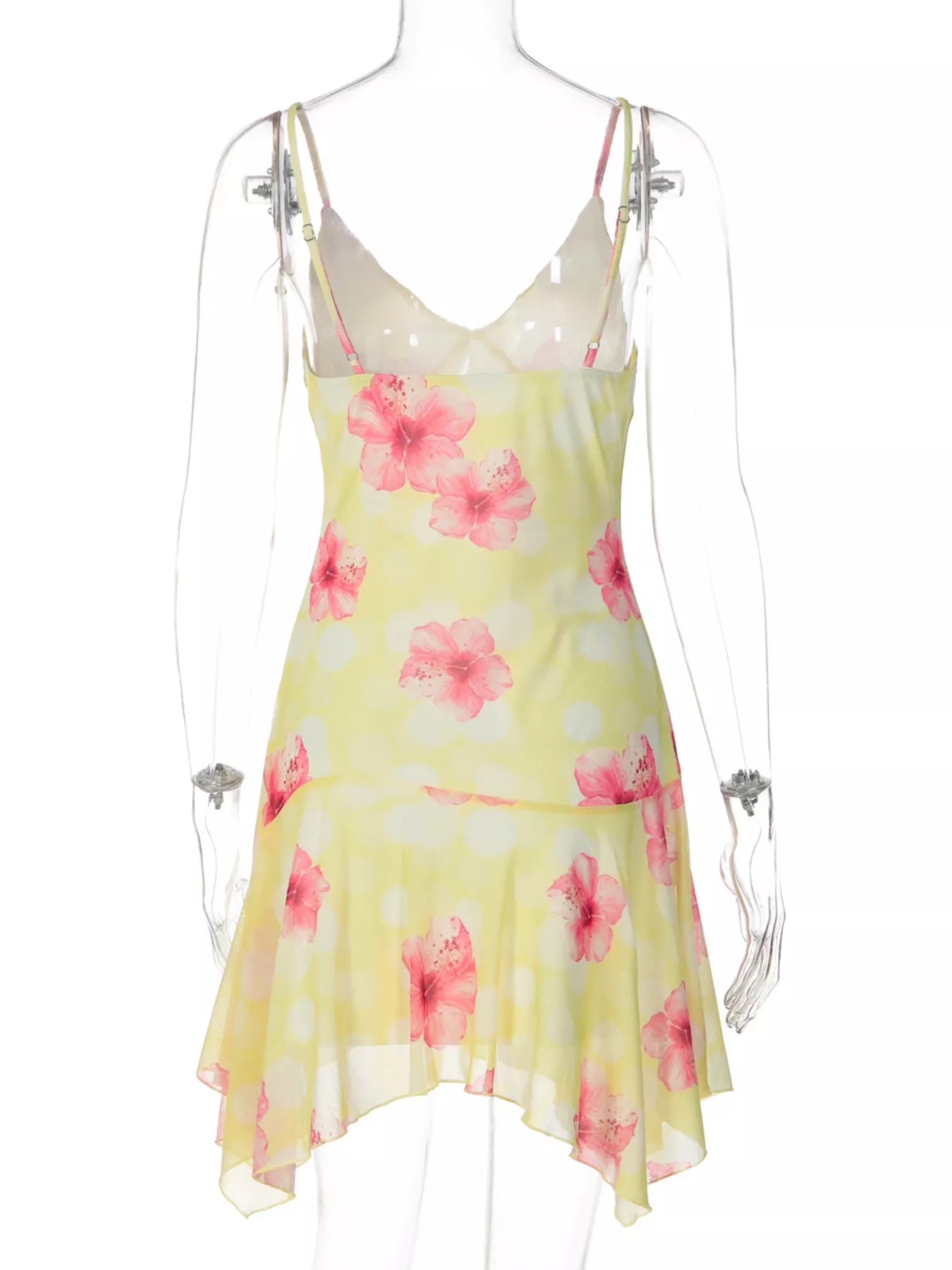 Sheer Floral Print Sleeveless Asymmetrical Mini Dress