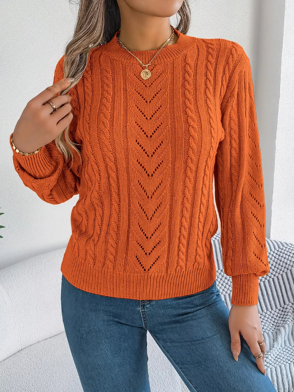 Cable-Knit Round Neck Sweater
