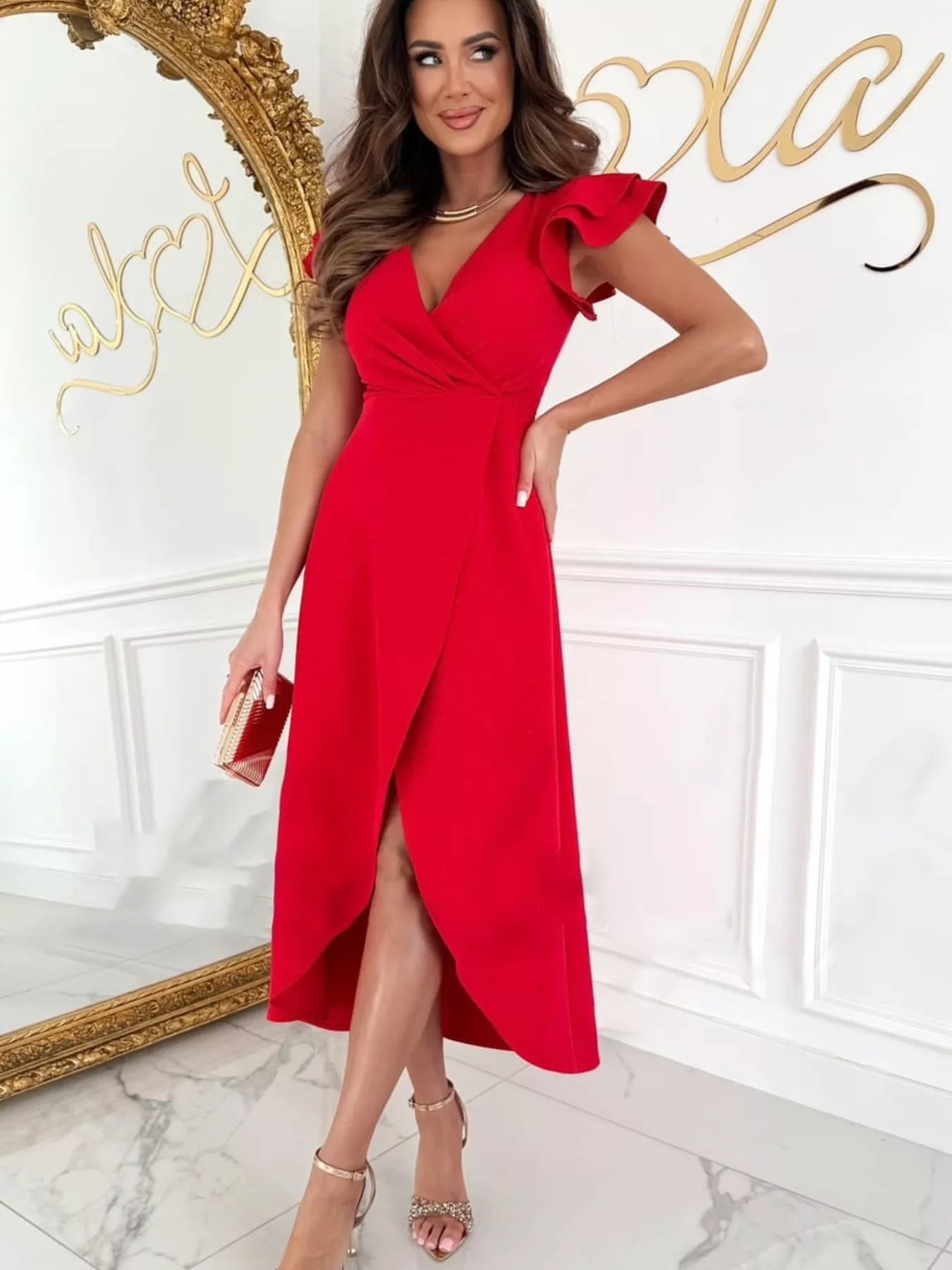 Ruffle Sleeve Wrap Midi Dress