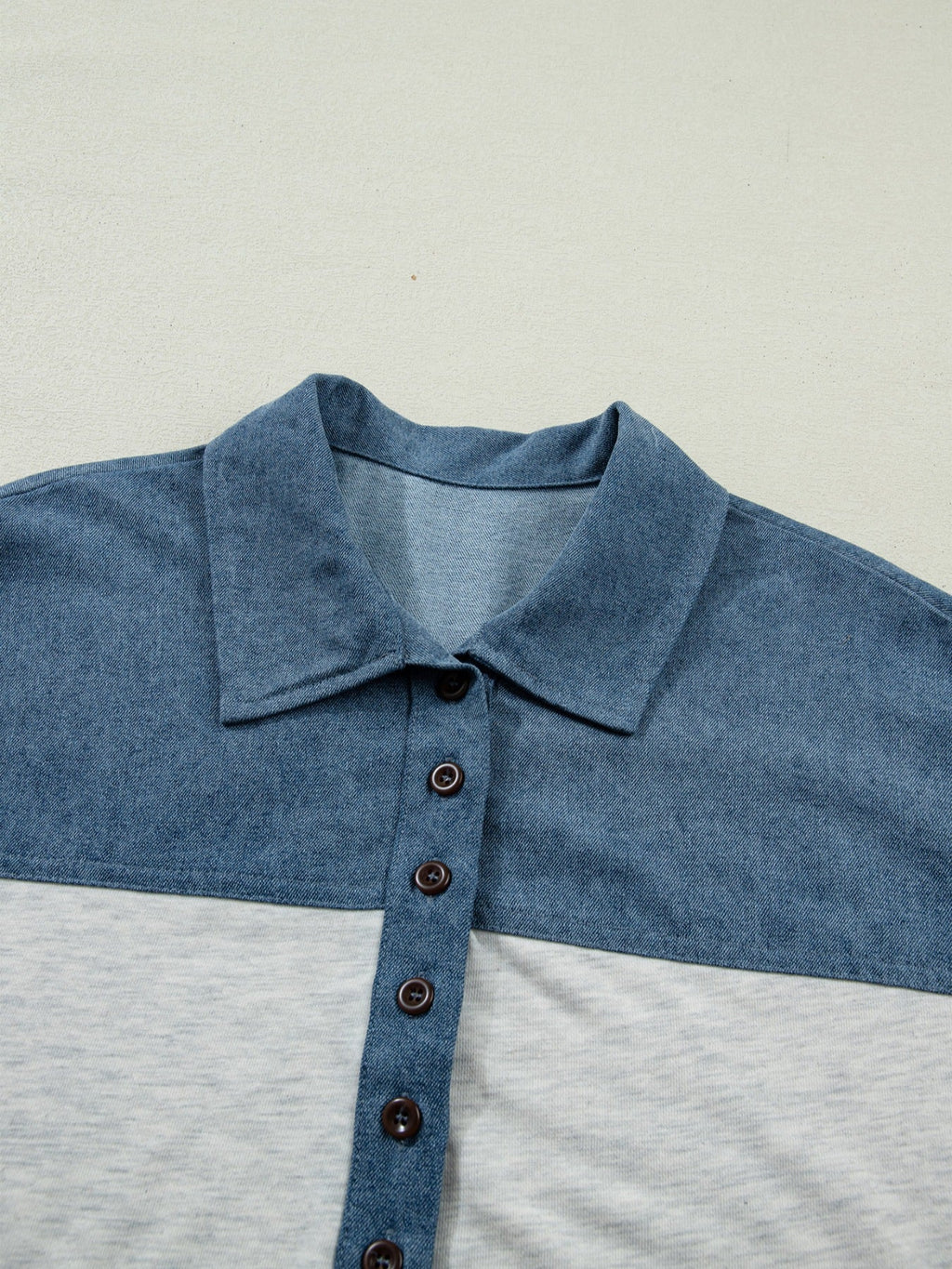 Color Block Denim Patchwork Button Polo Collar Short Sleeve Top