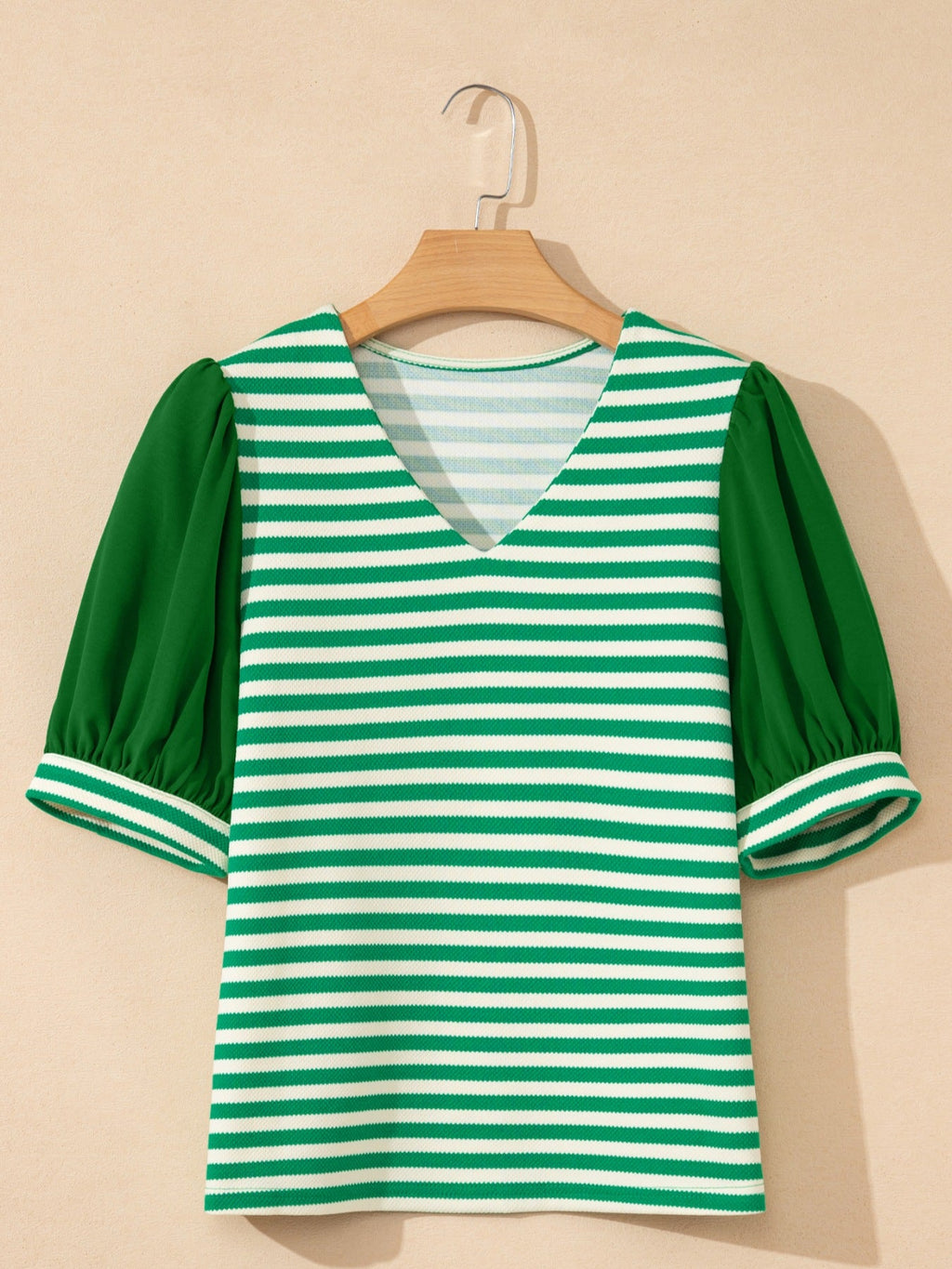 Striped Puff Sleeve V-Neck Blouse