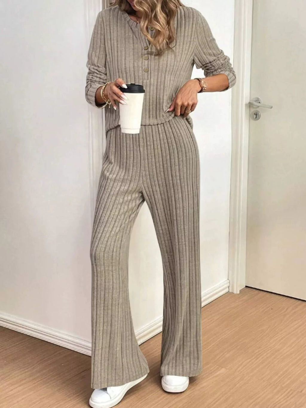 Plus Size Ribbed Knit Button-Front Top and Pants Set