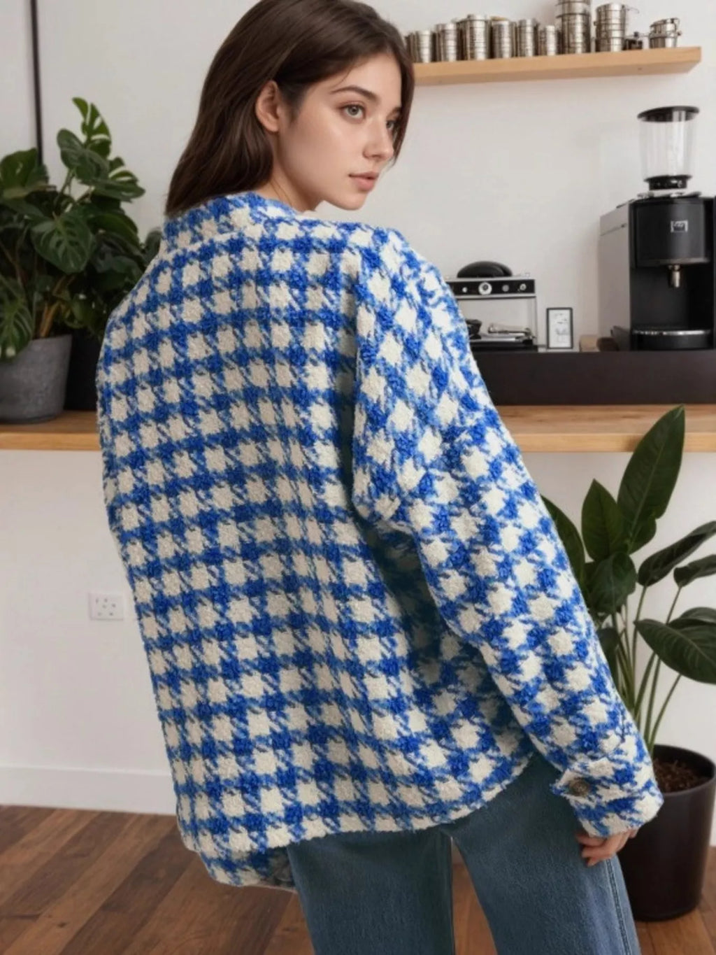 Houndstooth Button Up Long Sleeve Jacket