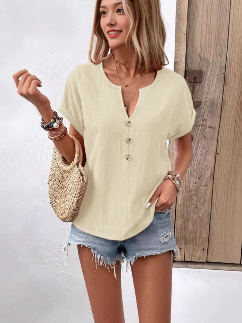 Full Size Notched Short Sleeve Top Plus Size