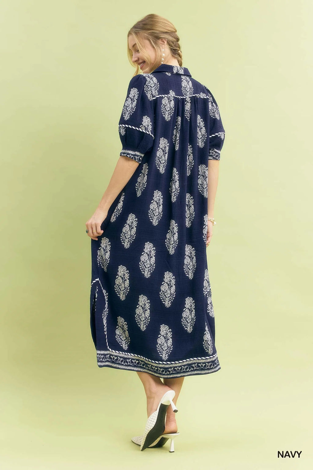 Umgee Border Print Collared Midi Dress