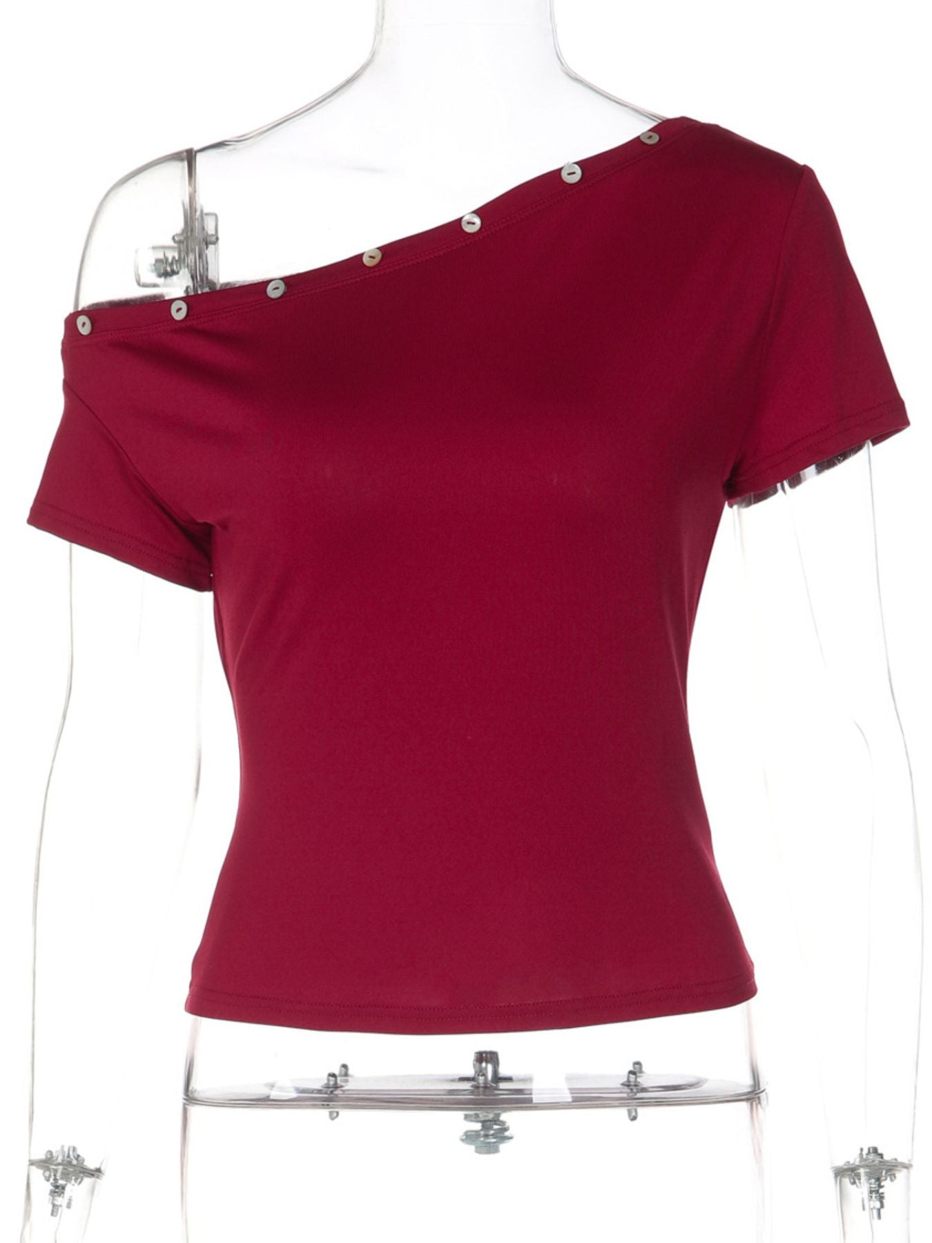 One-Shoulder Button-Decorated Fitted T-Shirt