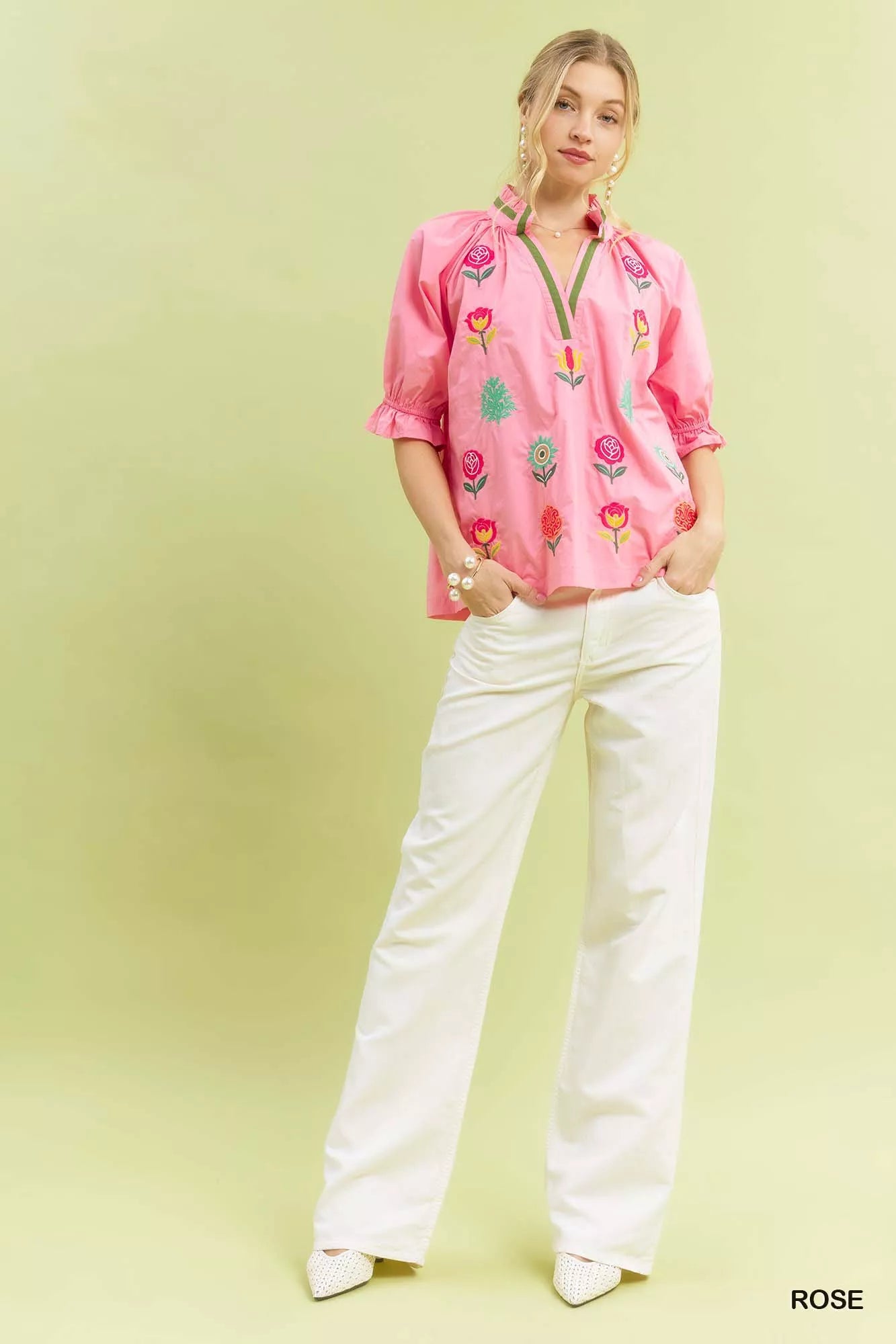 Umgee Embroidered Floral Top with Contrast Trim