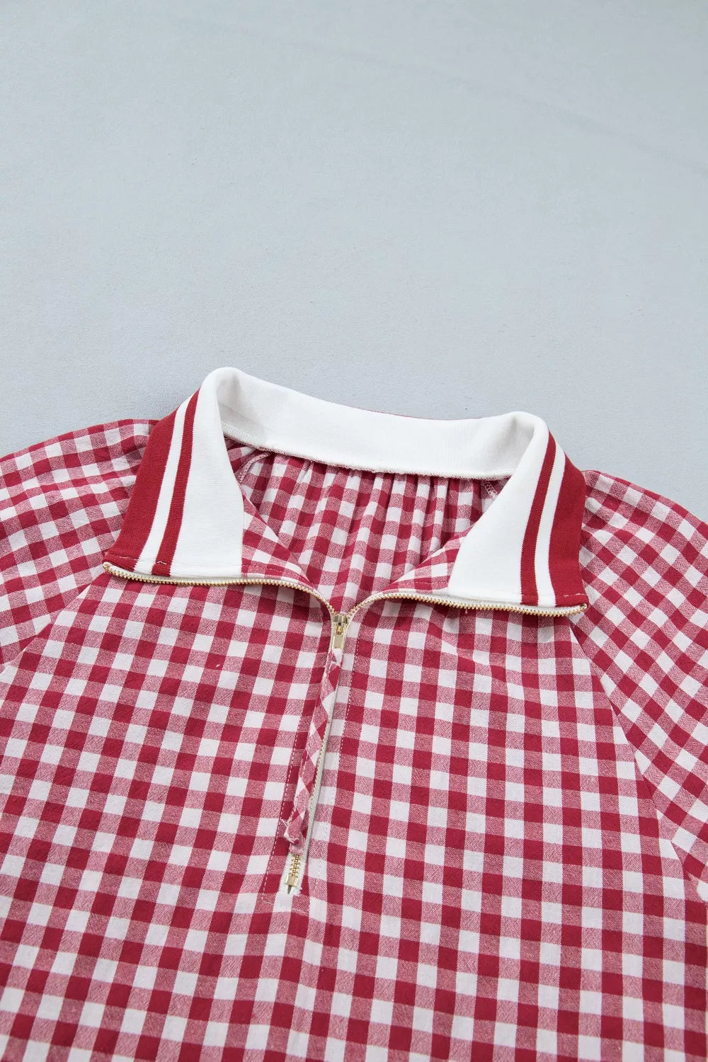 Gingham Puff Sleeve Quarter Zip Blouse