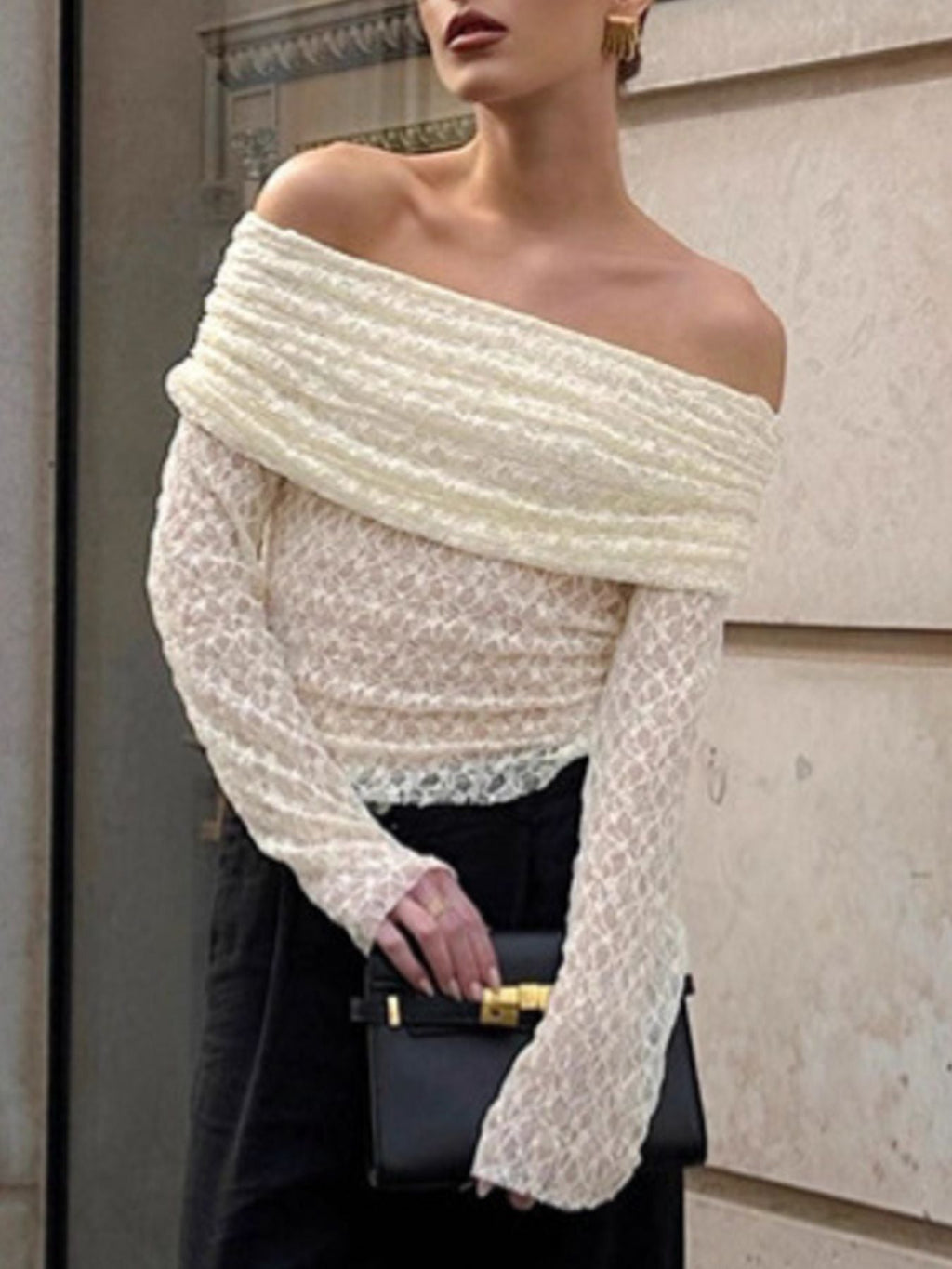 Off Shoulder Long Sleeve Lace Top