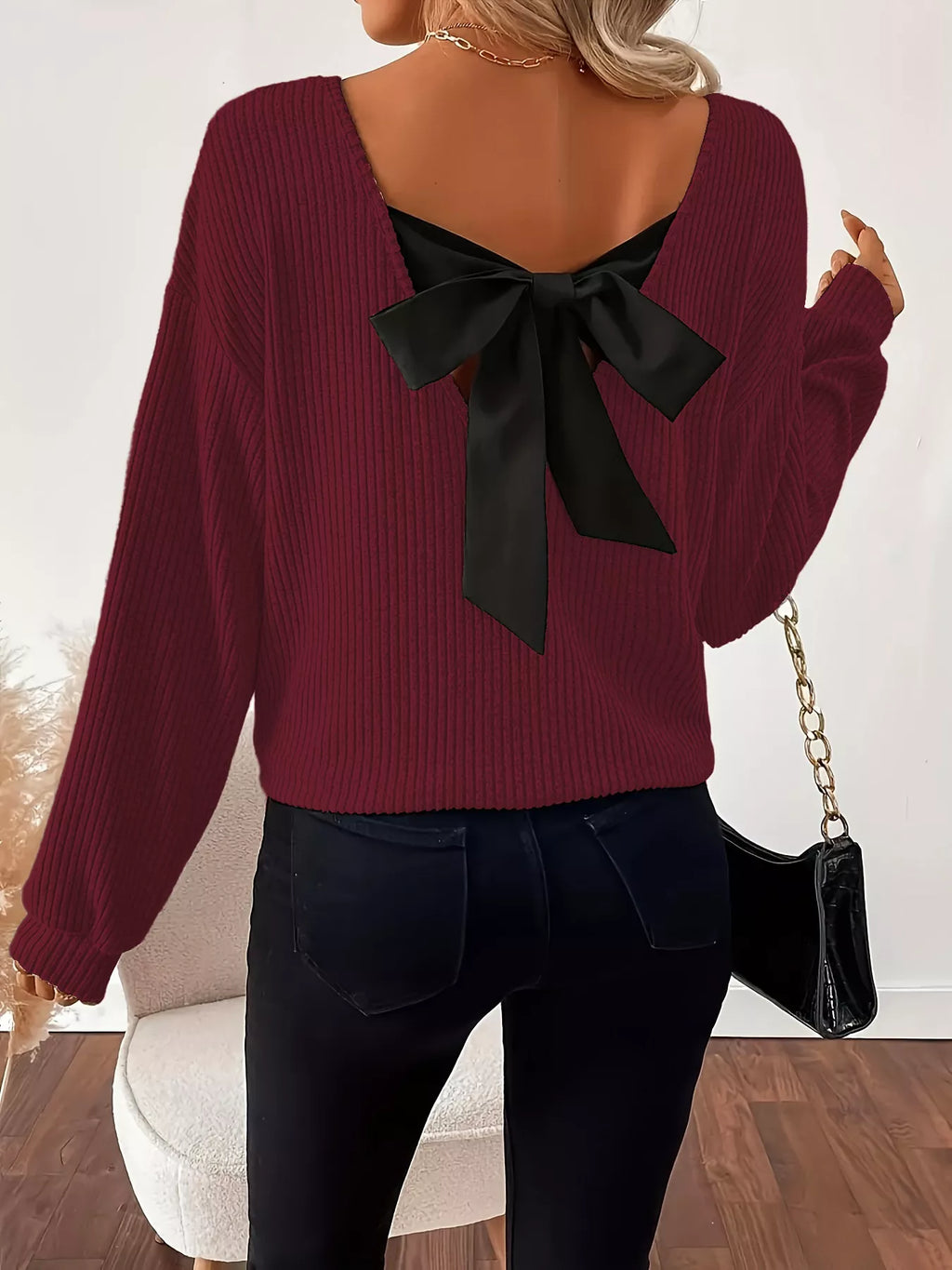 Full Size Ribbed Knit Backless Bow T-Shirt Plus Size