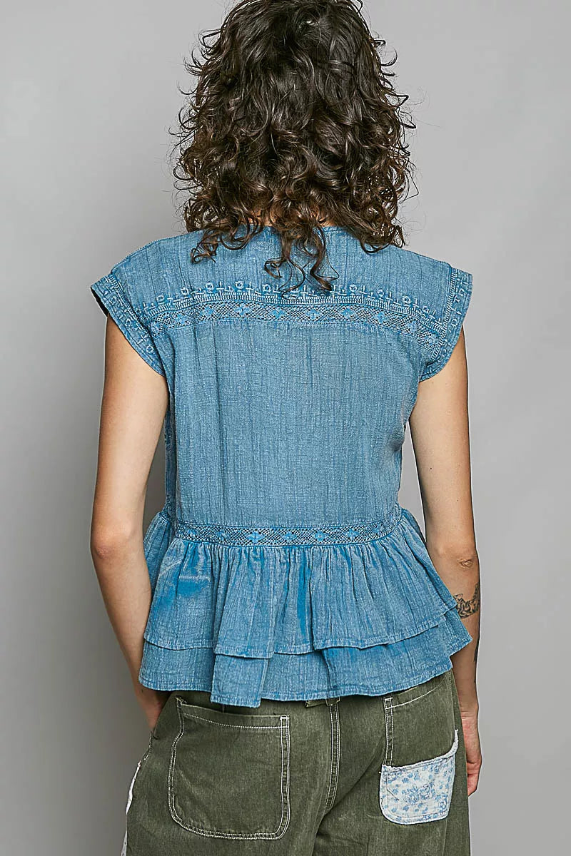 POL Eyelet Embroidery Pintuck Sleeveless Cotton Blouse