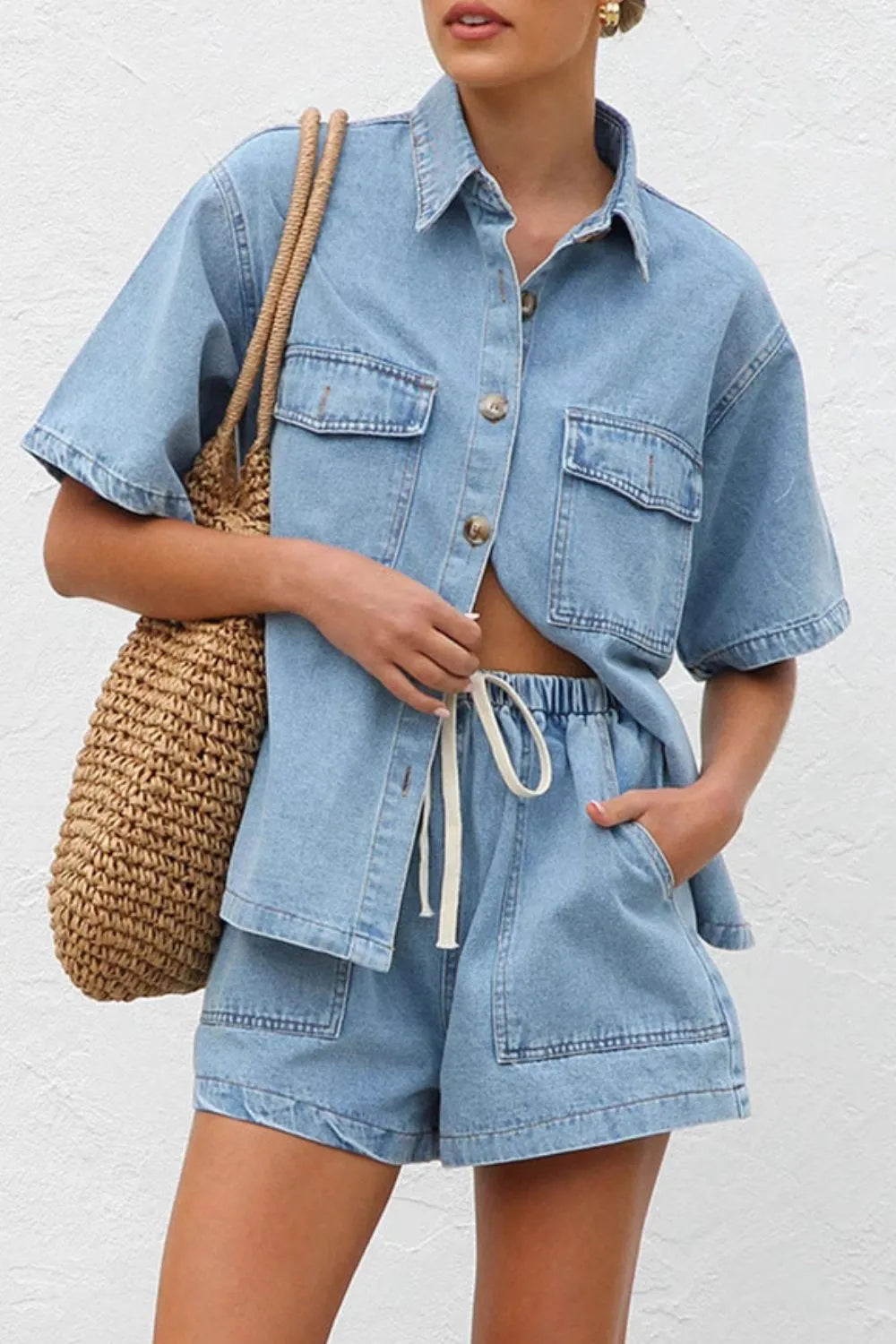 Collared Neck Button Up Top and Shorts Denim Set