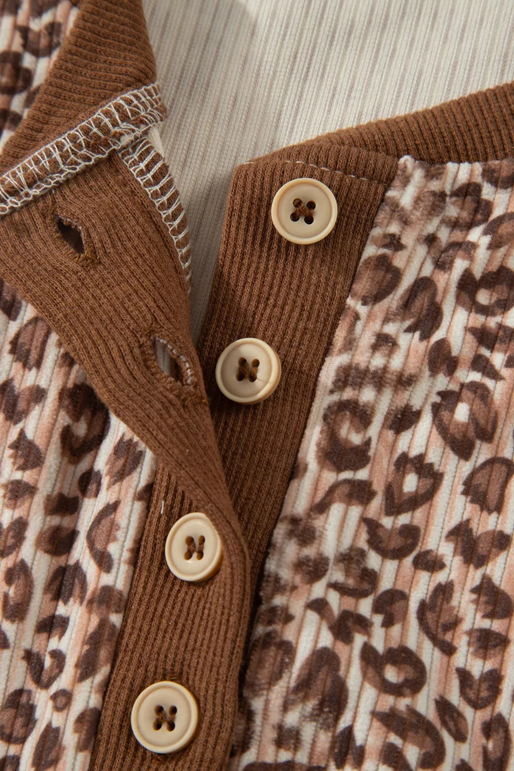 Leopard Print Ribbed Patchwork Half Button Loose Tee Elastic Waist Short 2pcs Set