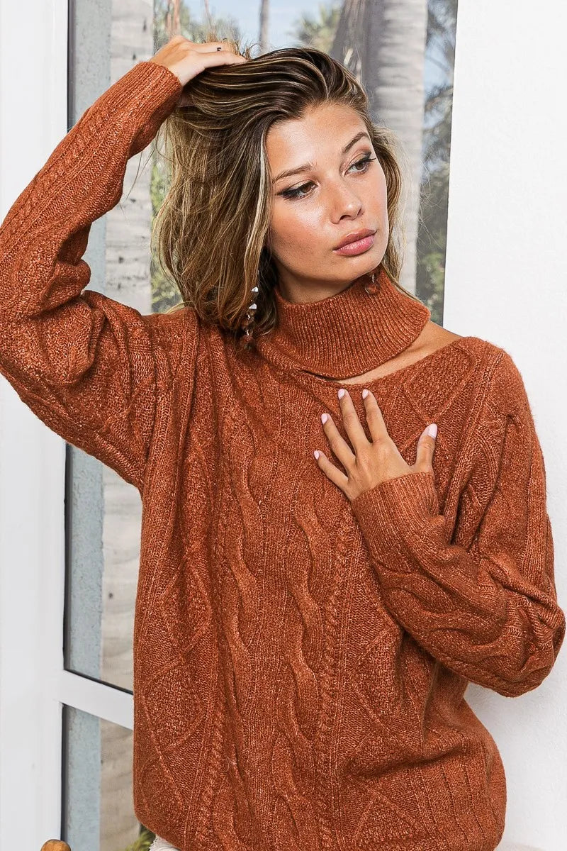 BiBi Twist Knitted Mock Neck Sweater Open One Shoulder