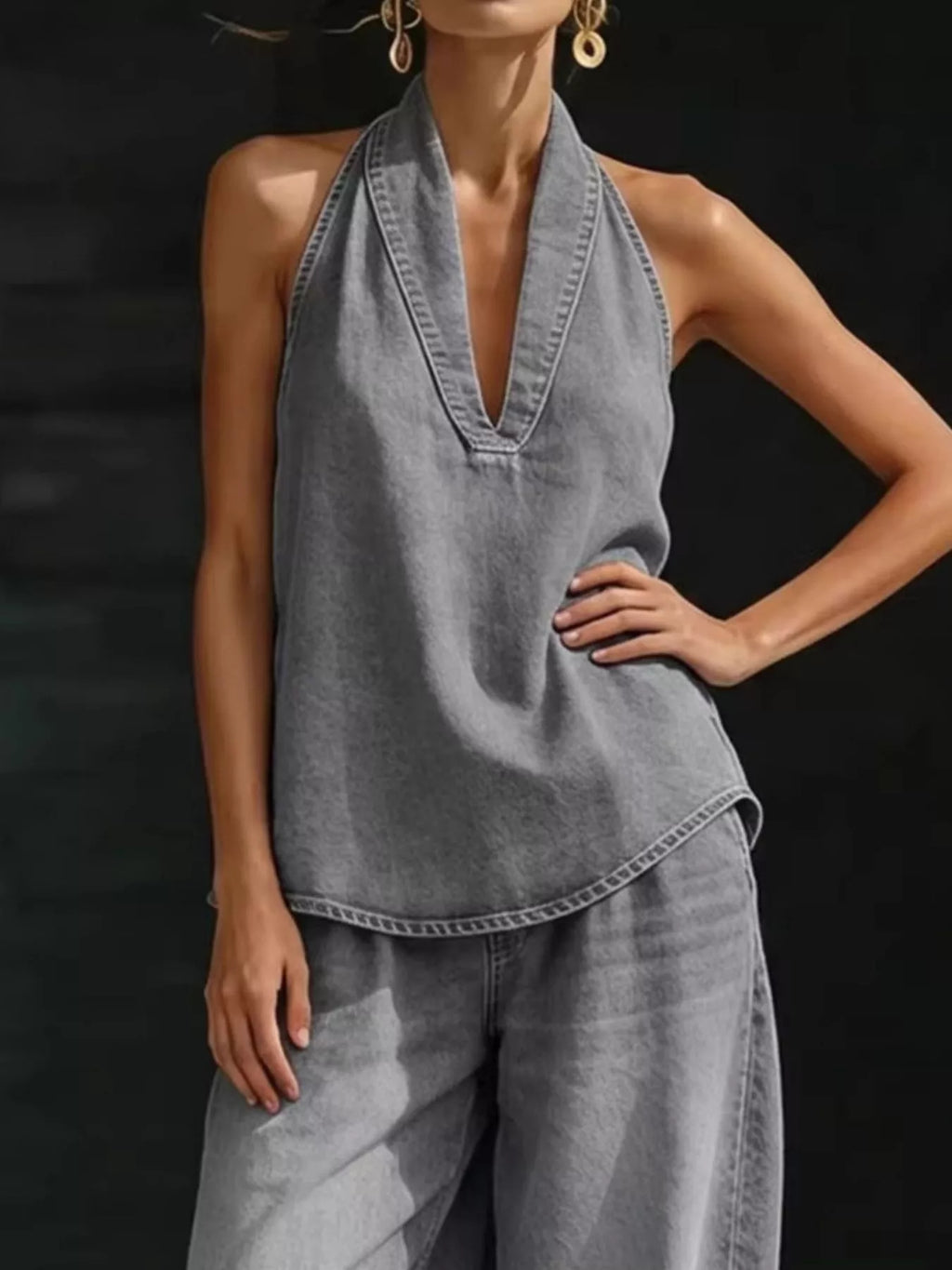 Full Size Halter Neck Top and Wide Leg Pants Plus Size