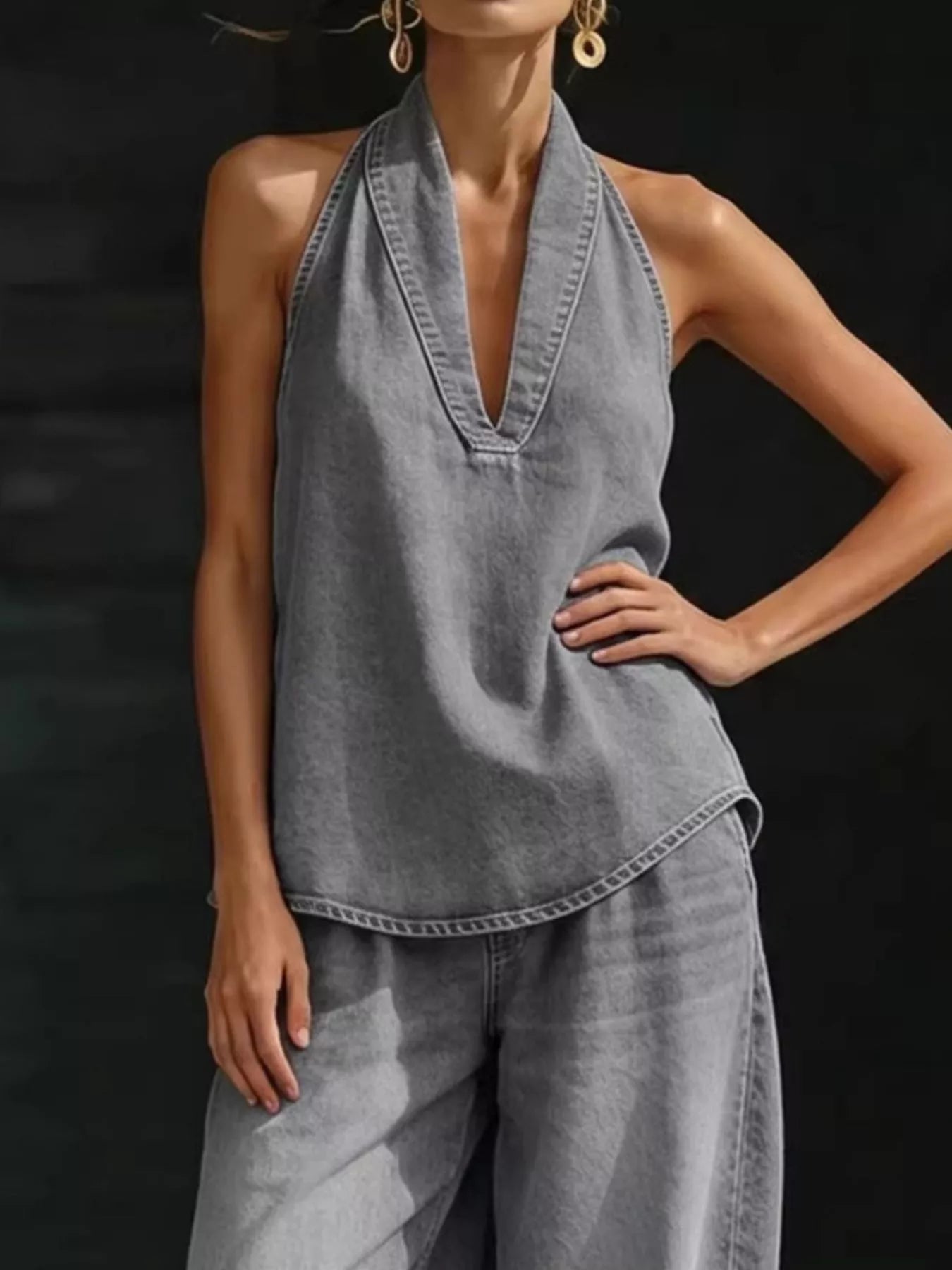 Full Size Halter Neck Top and Wide Leg Pants Plus Size
