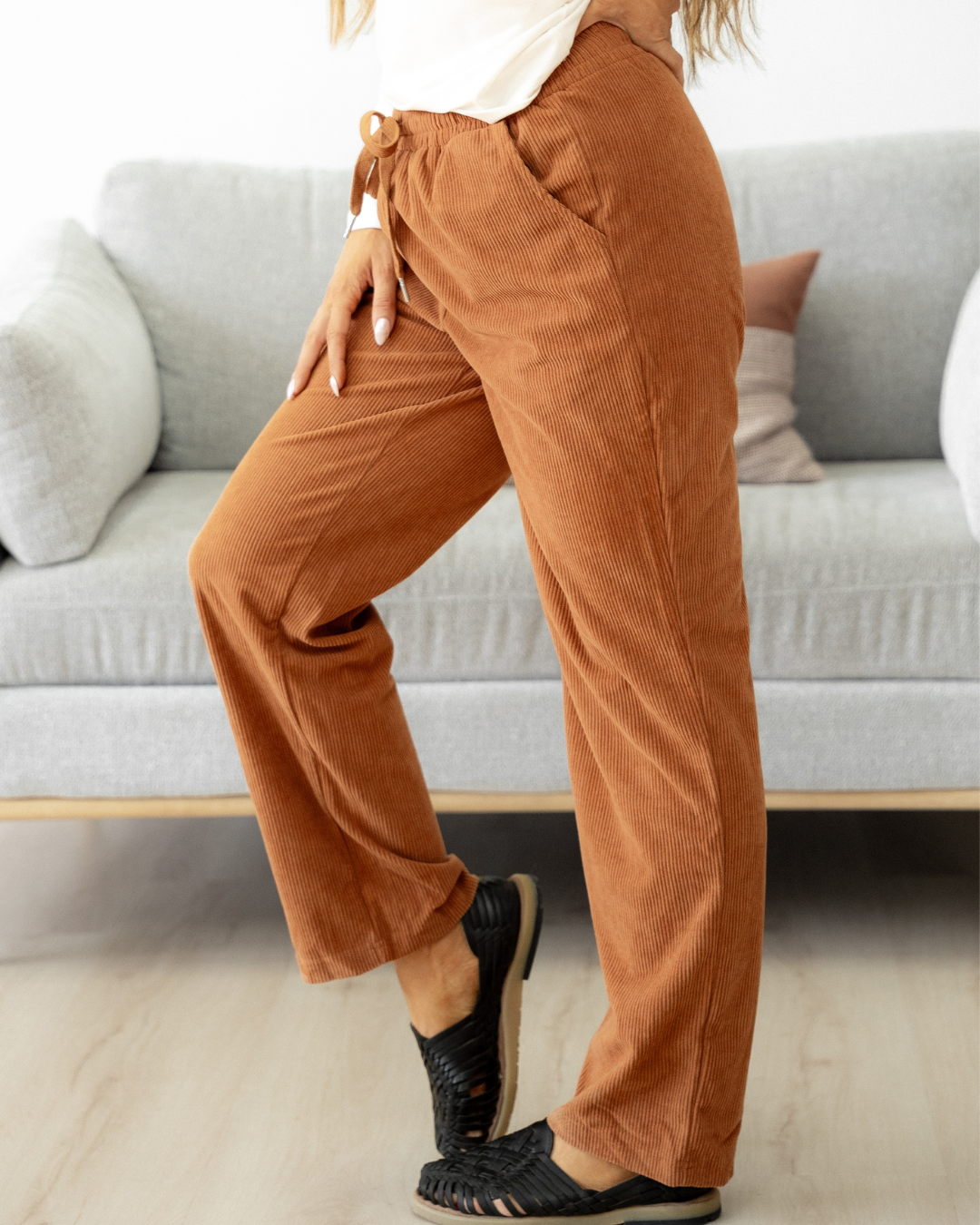 Eloise Drawstring Elastic Waist Casual Corduroy Pants - Chestnut