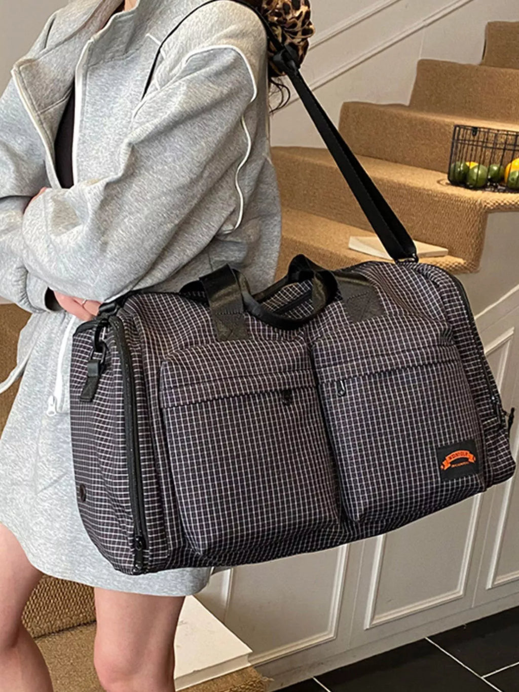 Plaid Duffel Bag with Multiple Pockets
