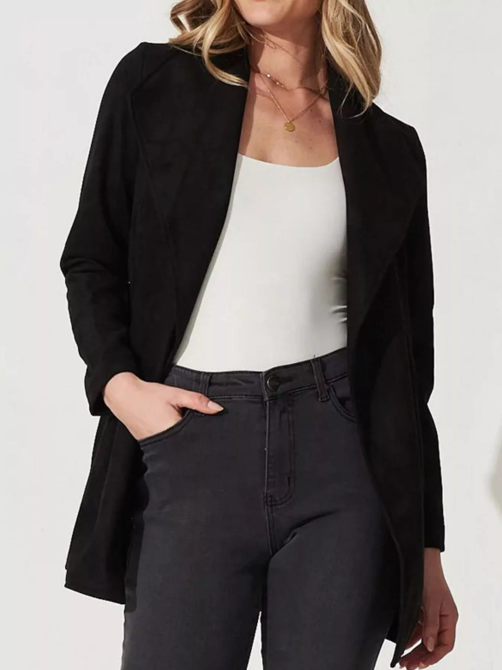 Suede Tie Waist Long Sleeve Outerwear