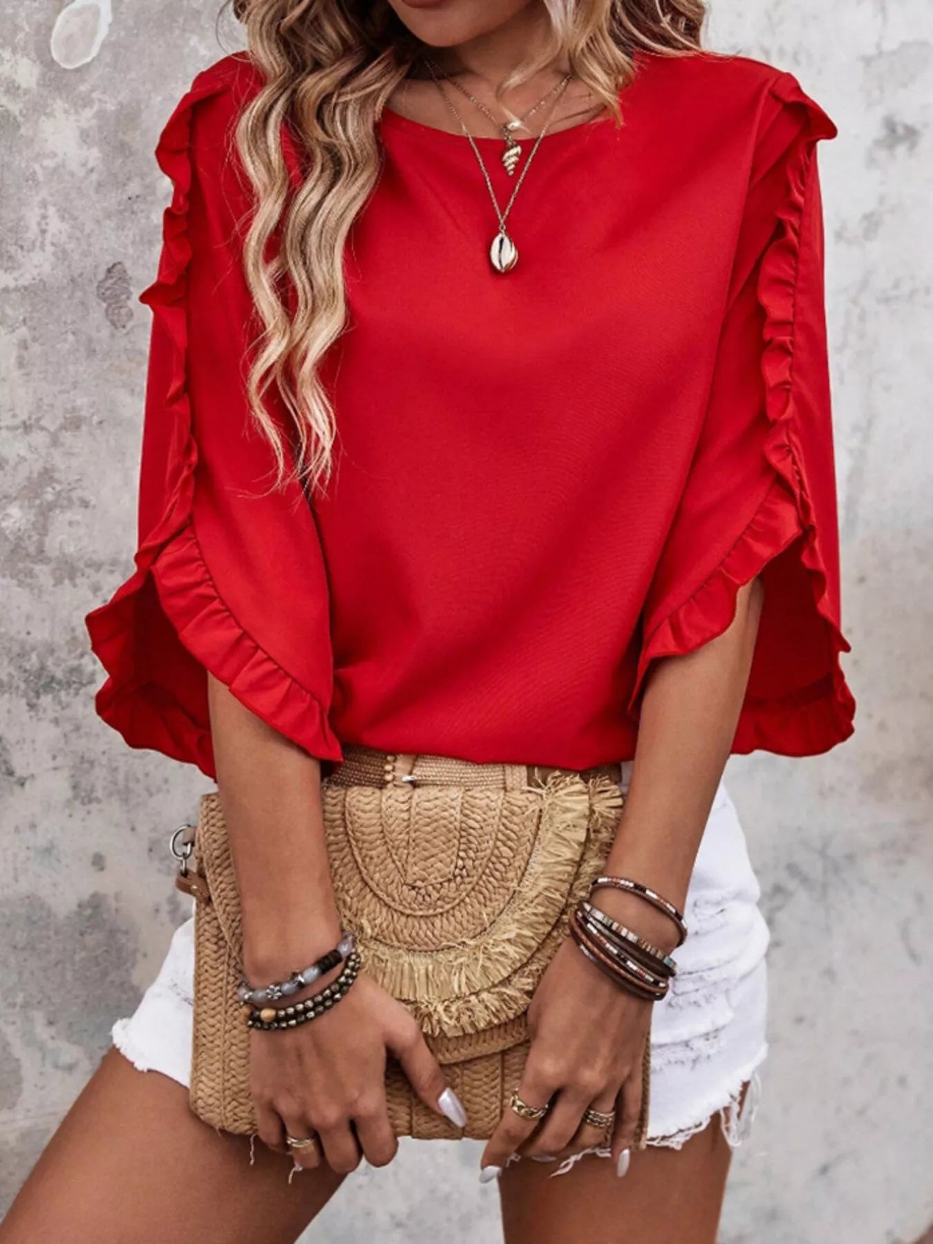 Ruffle Sleeve Solid Color Blouse