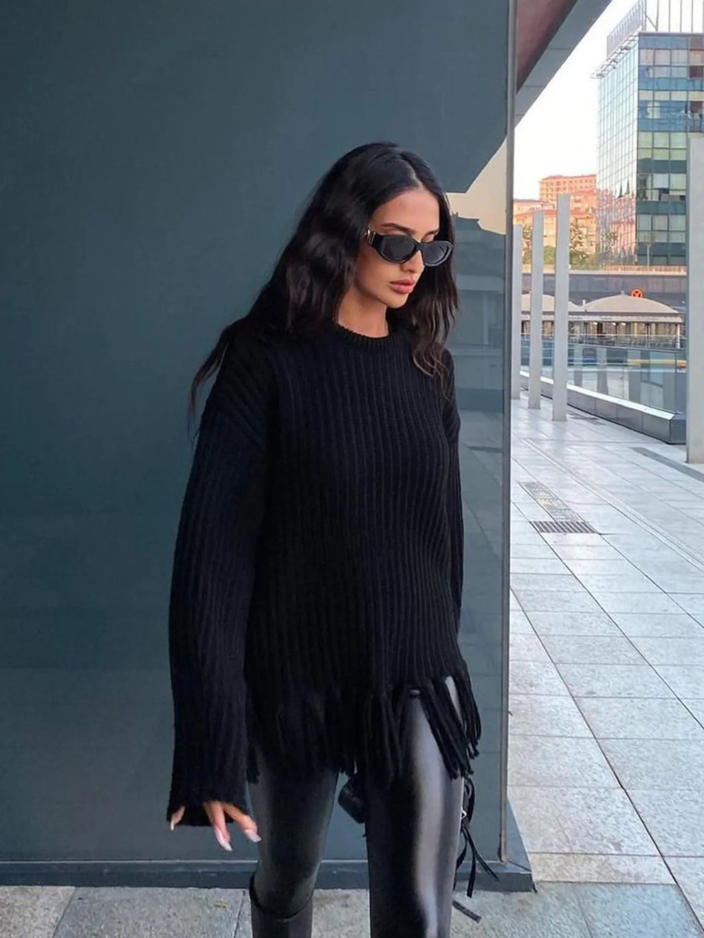Fringe Round Neck Long Sleeve Sweater