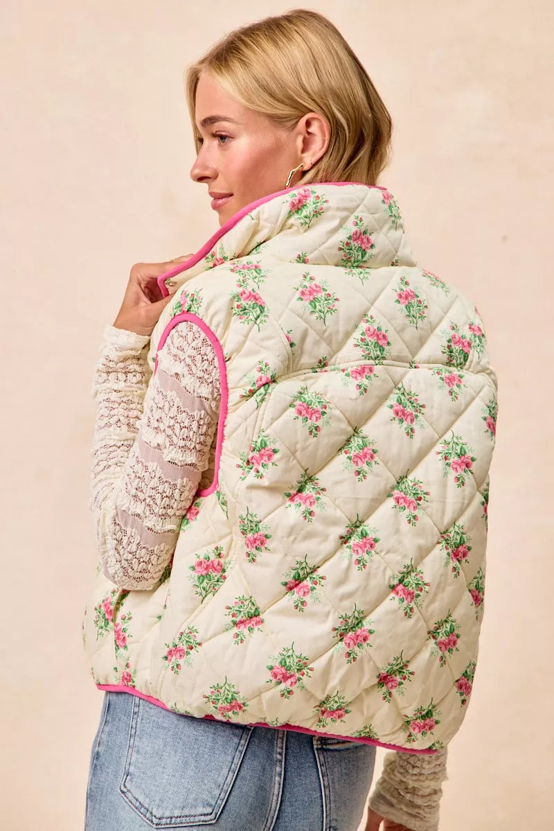 BiBi Floral Print Piping Detail Quilted Vest