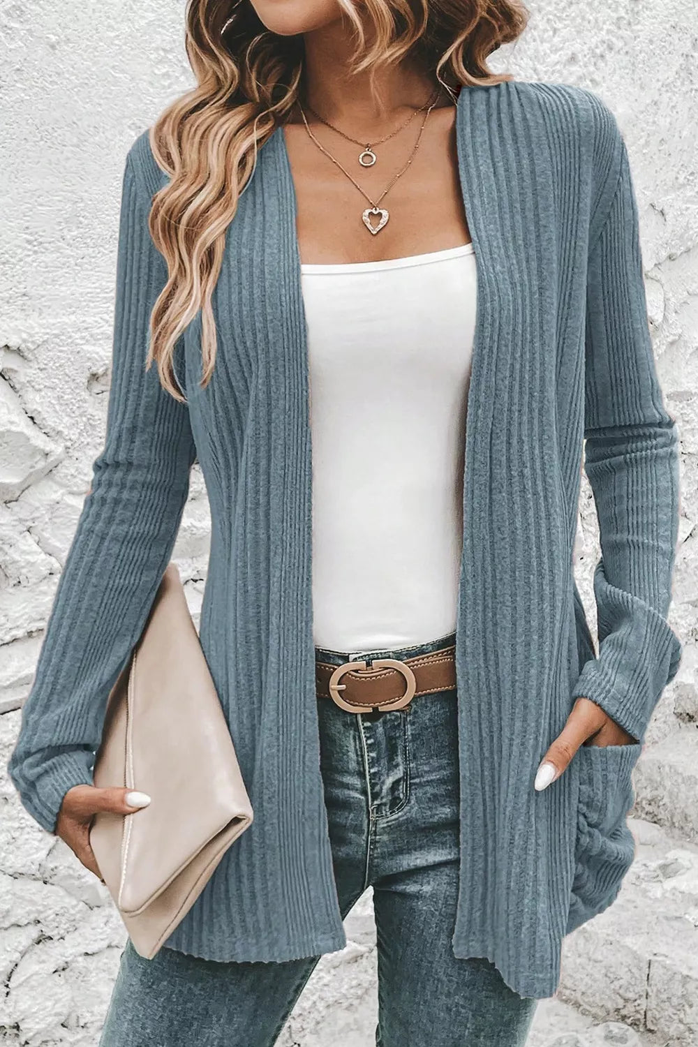 Ribbed Knit Open Front Cardigan with Pockets