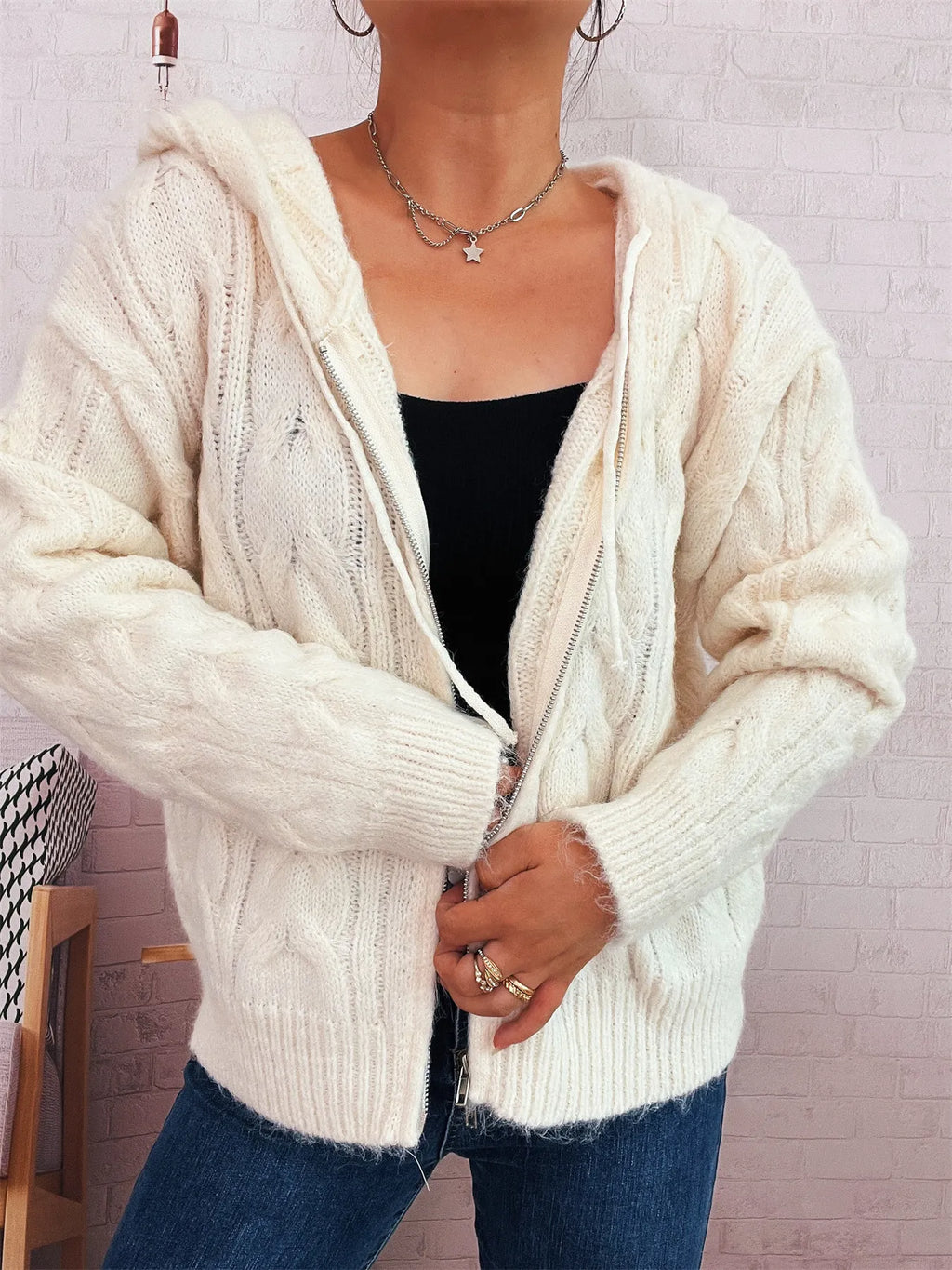 Cable Knit Hooded Zip-Up Cardigan