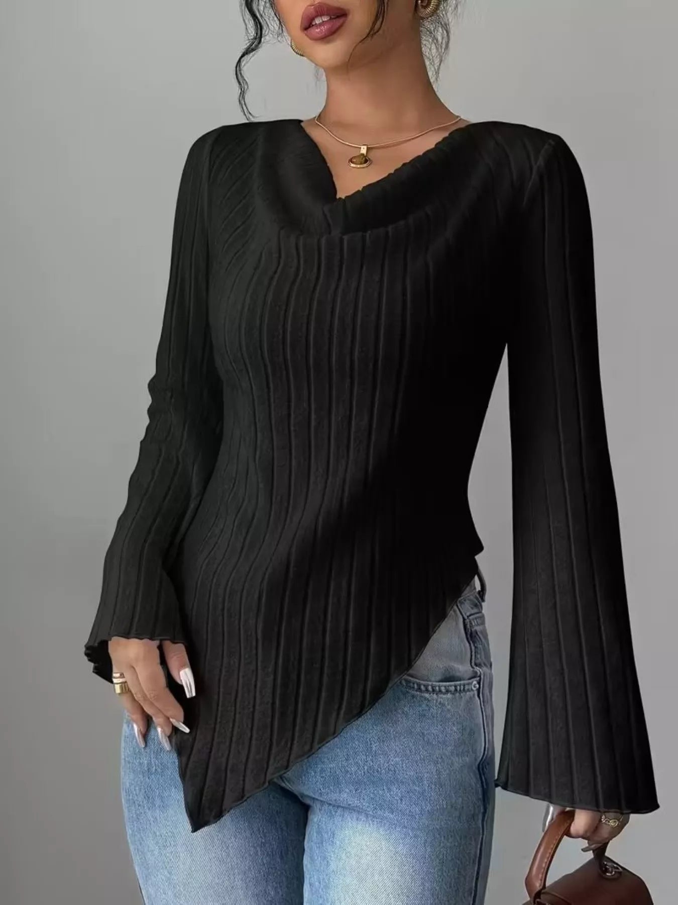 Cowl Neck Ribbed Knit Top