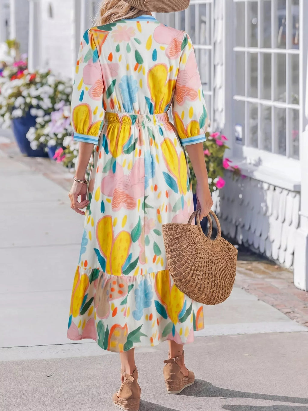 Multicolour Floral Doodle Print Striped Trim V Neck Midi Dress