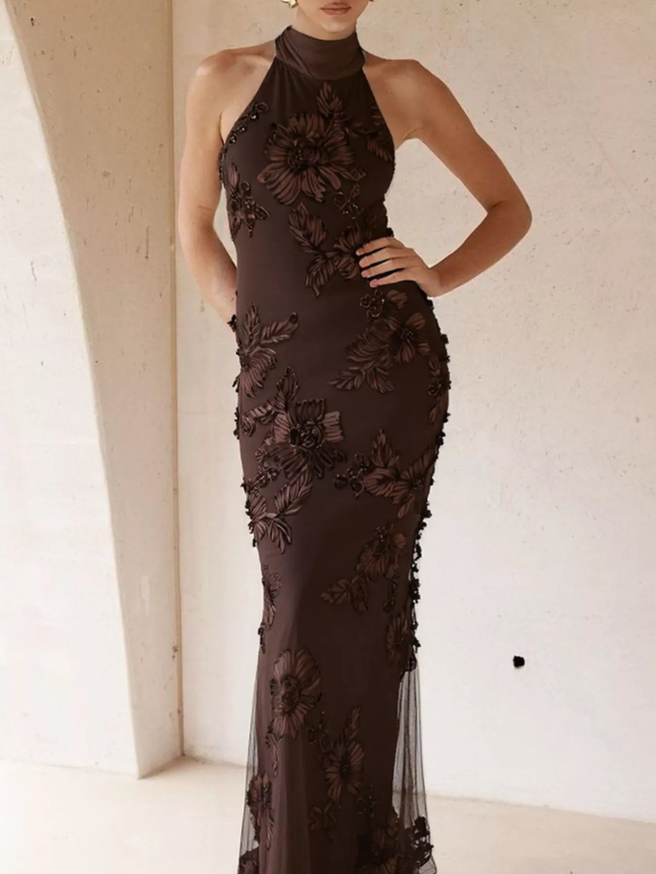 Floral Applique Halter Neck Maxi Dress