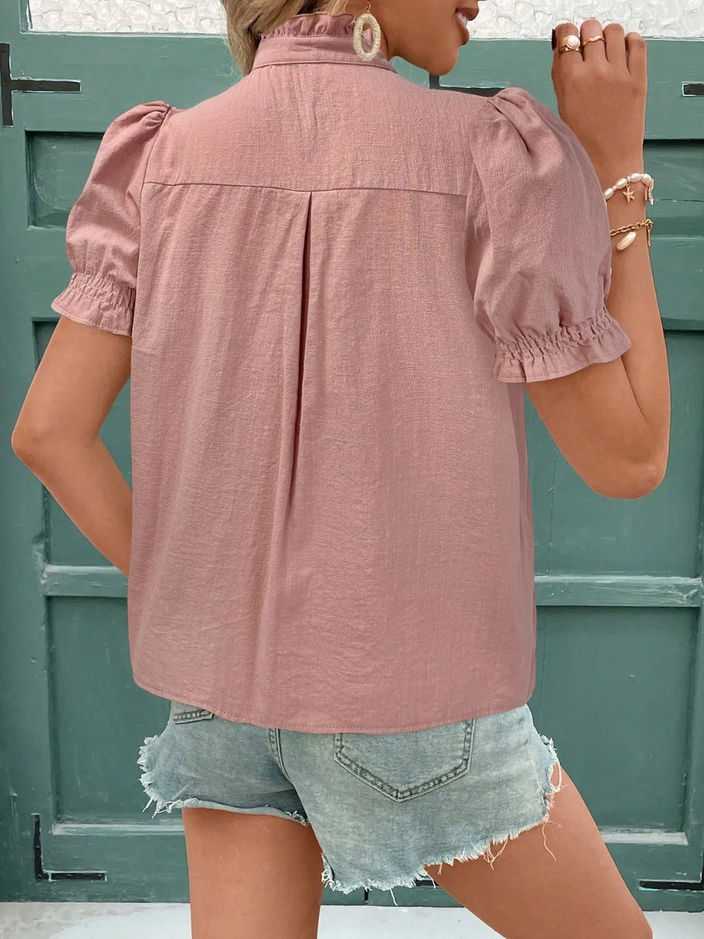 Embroidered Frill Notched Short Sleeve Blouse