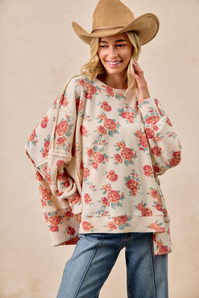 BiBi Floral Print Oversized Waffle Thermal Sweatshirt