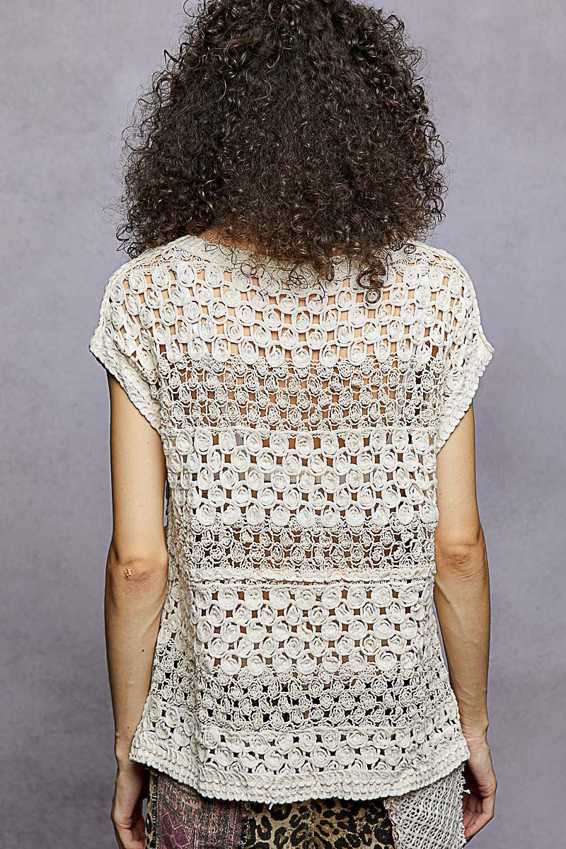 POL Openwork Round Neck Crochet Top