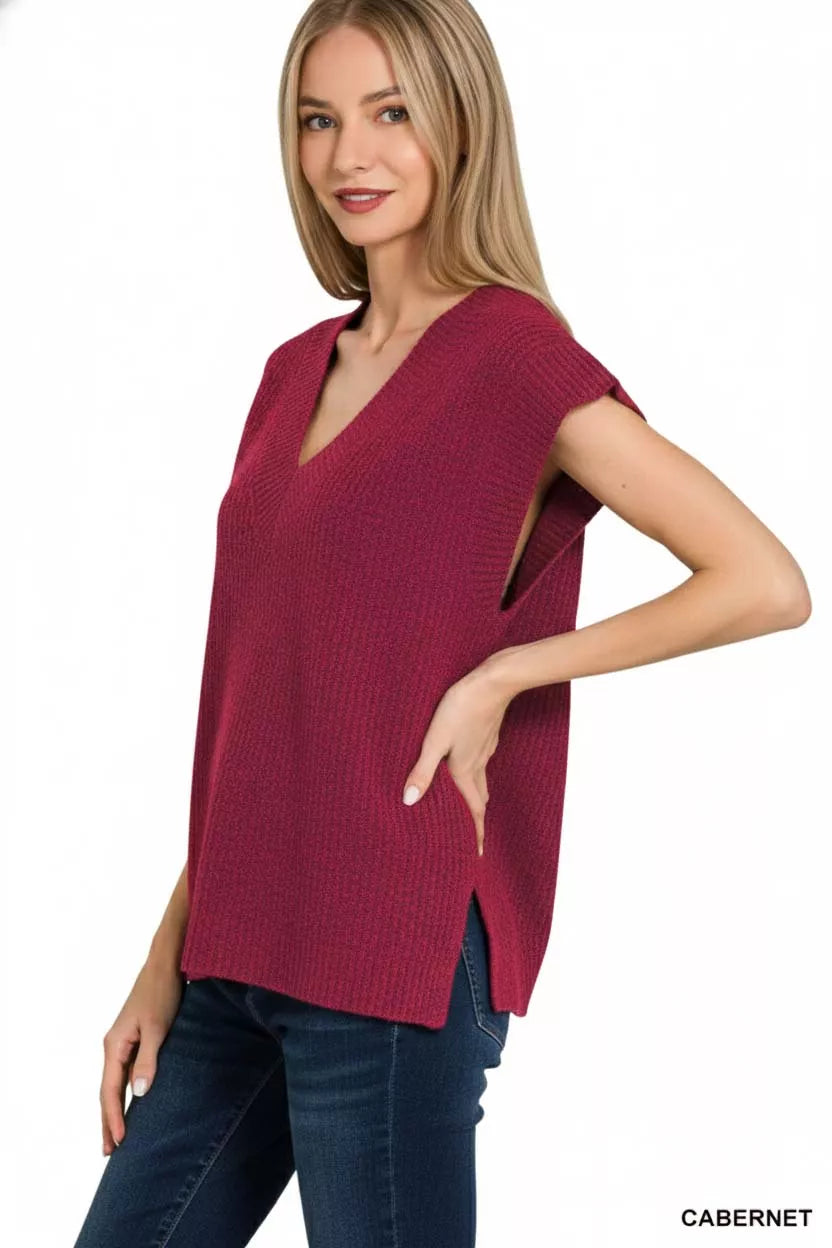 Zenana Ribbed Slit V-Neck Sweater Vest