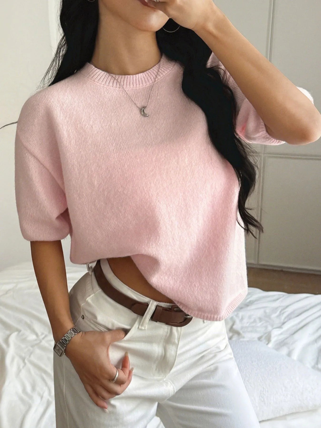 Ribbed Hem Round Neck Sweater