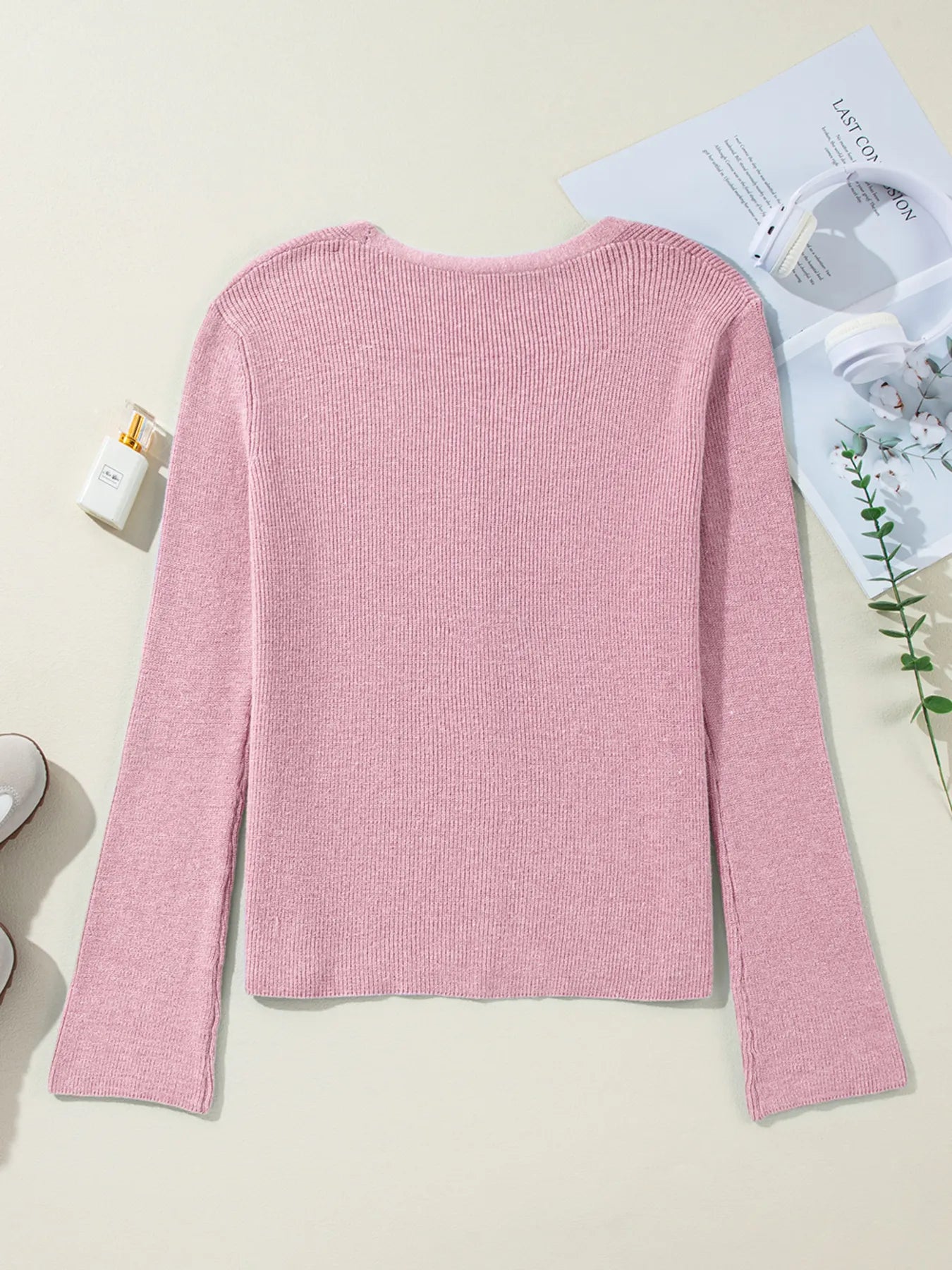 Ribbed Knit Button Front V Neck Cardigan