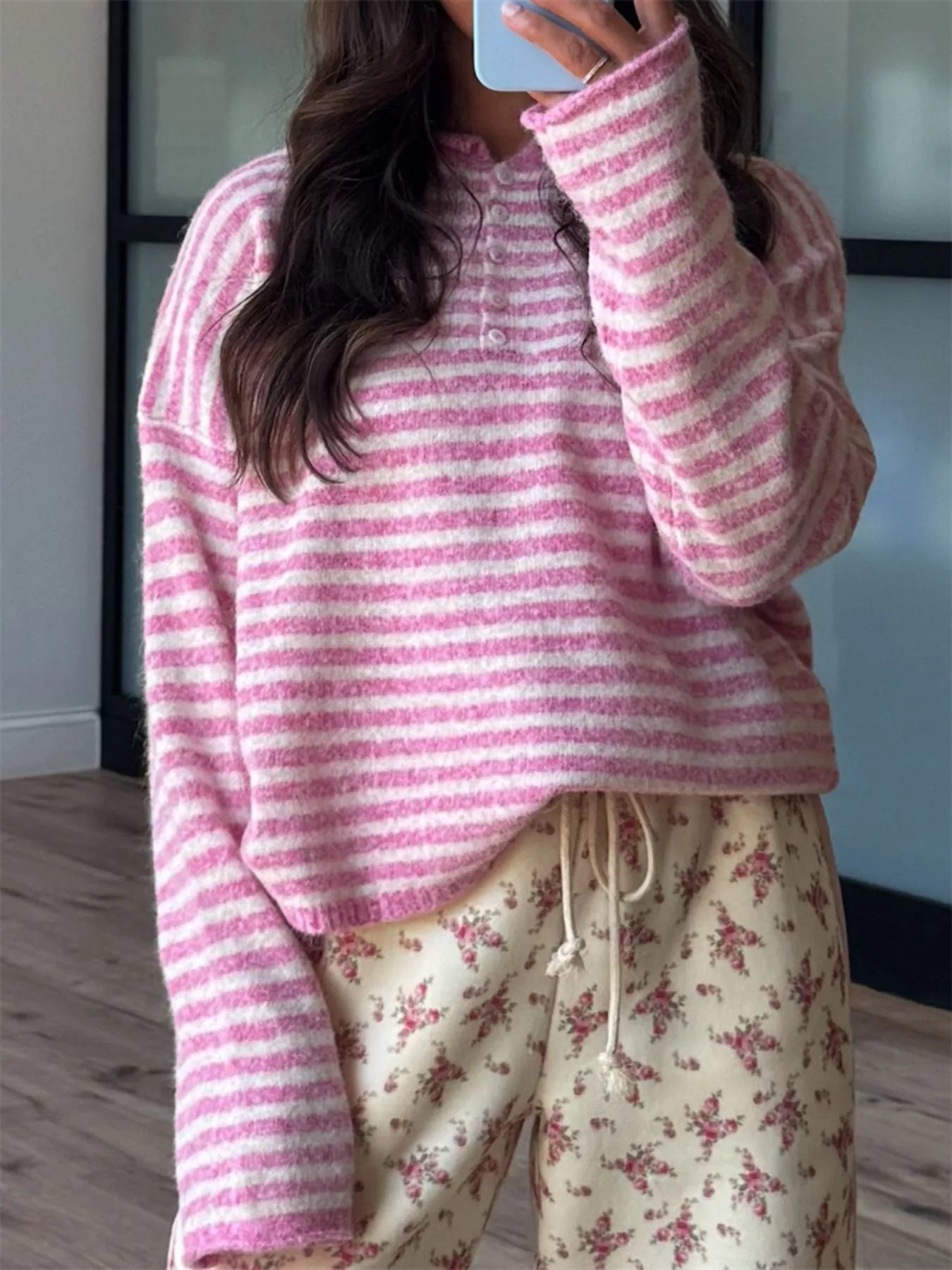 Button Detail Dropped Shoulder Striped Sweater