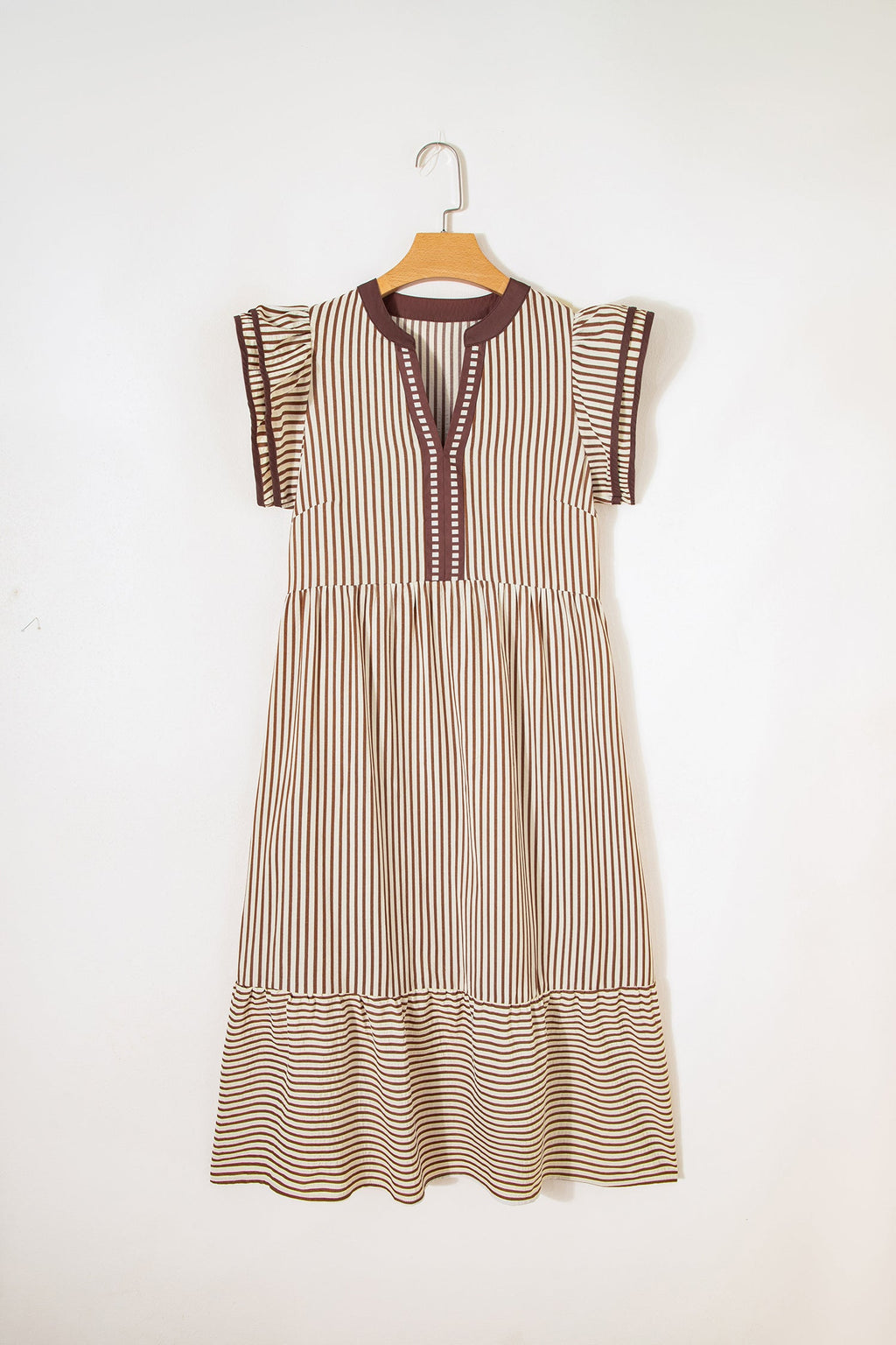 Stripe Ruffle Short Sleeve V-Neck Midi Dress