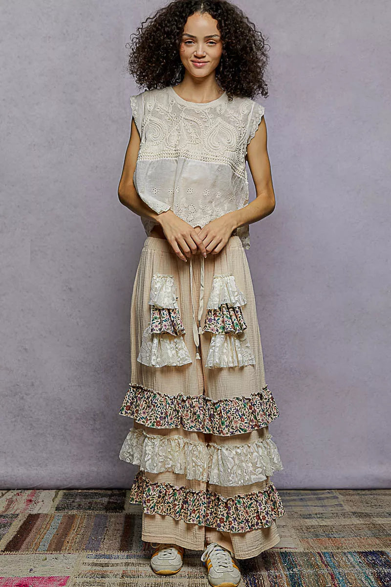 POL Round Neck Sleeveless Crochet Flowy Fit Top