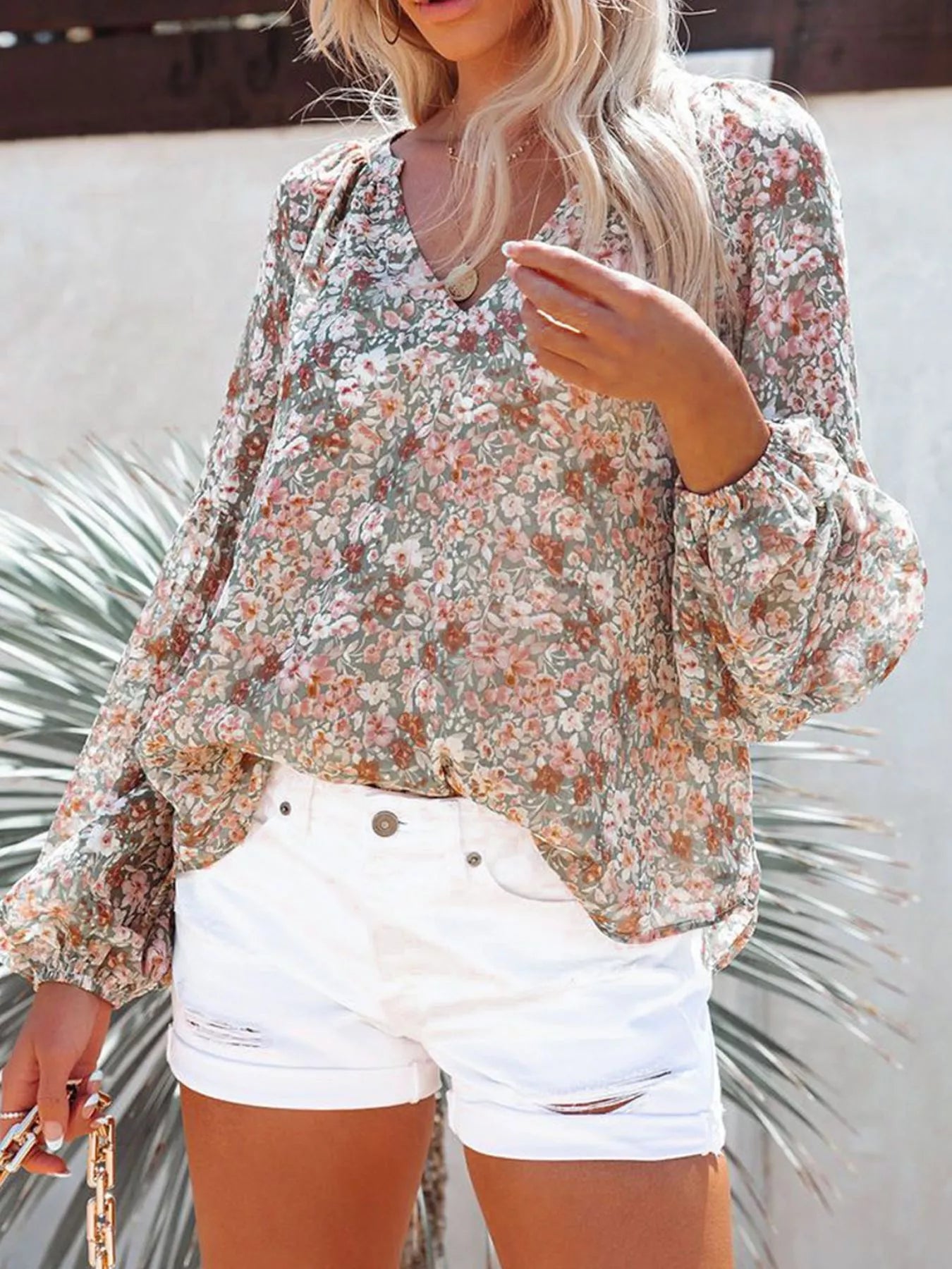 Full Size Floral Print V-Neck Long Sleeve Blouse Plus Size