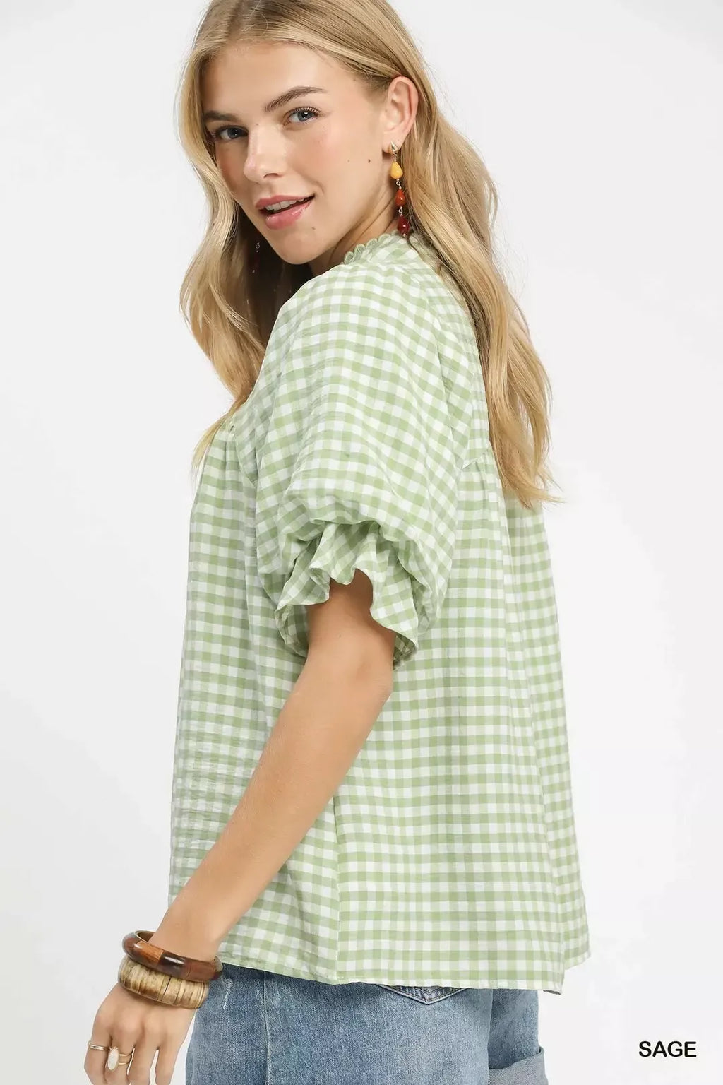 Umgee Gingham Puff Sleeve Babydoll Blouse