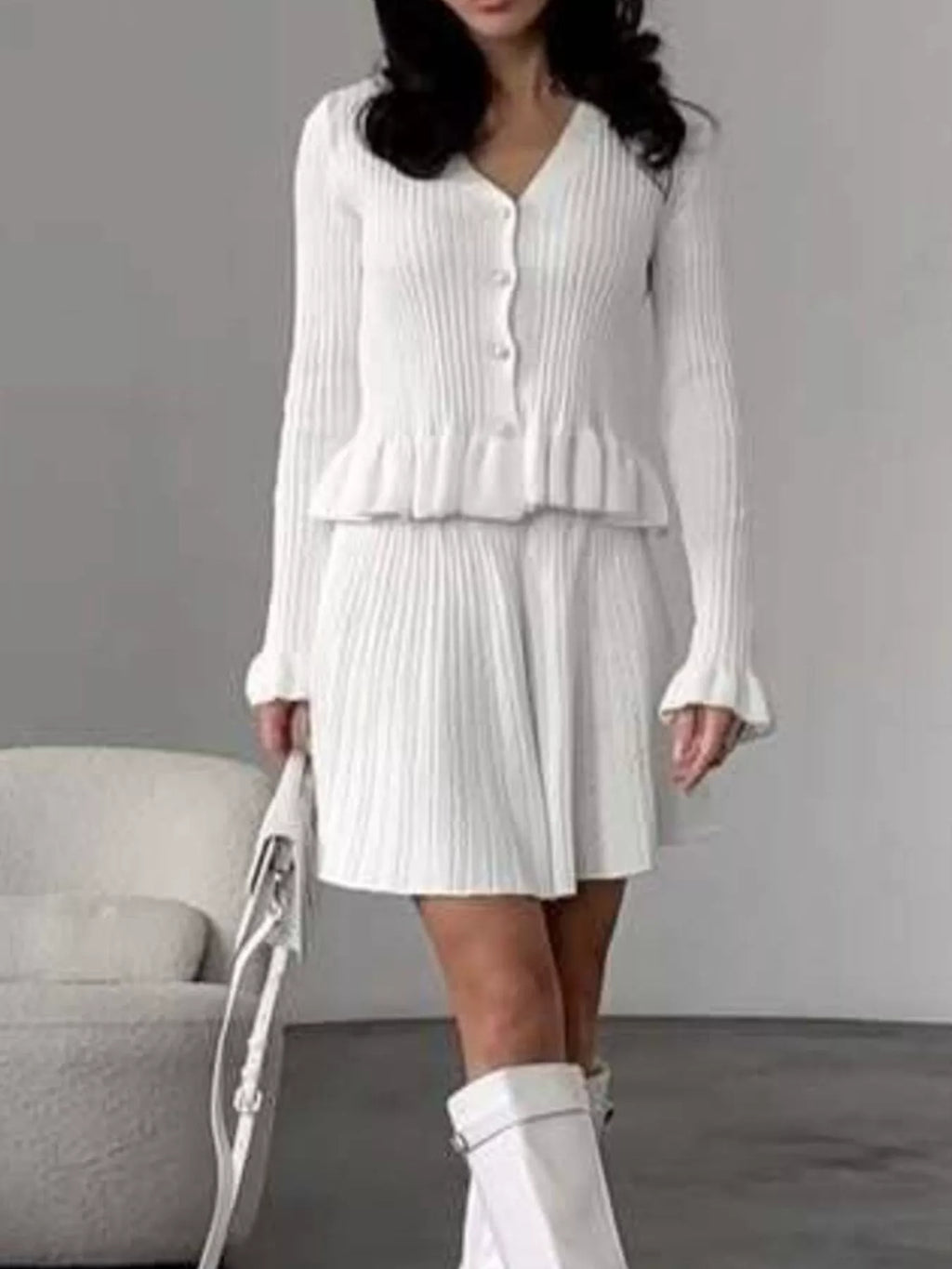 Ruffle Trim Knit Cardigan & Skirt Set