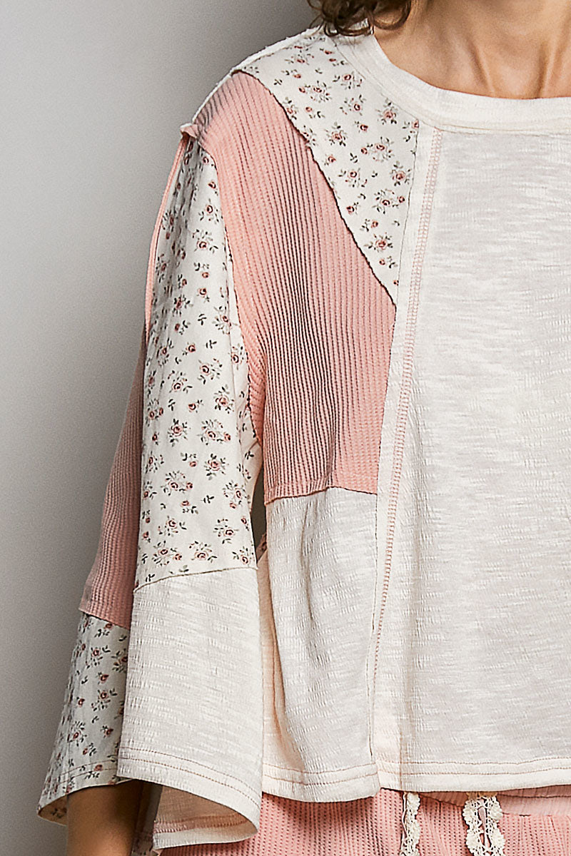 POL Exposed Seam Floral Patchwork Round Neck Textured Slub Knit Top