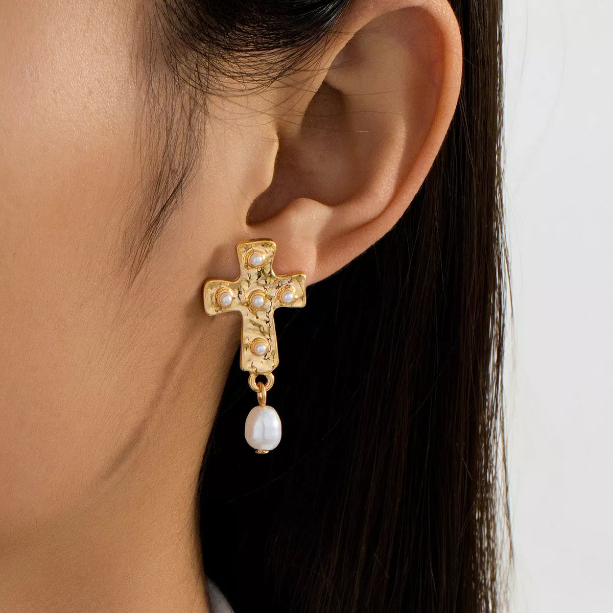18K Gold-Plated Synthetic Pearl Cross Drop Earrings
