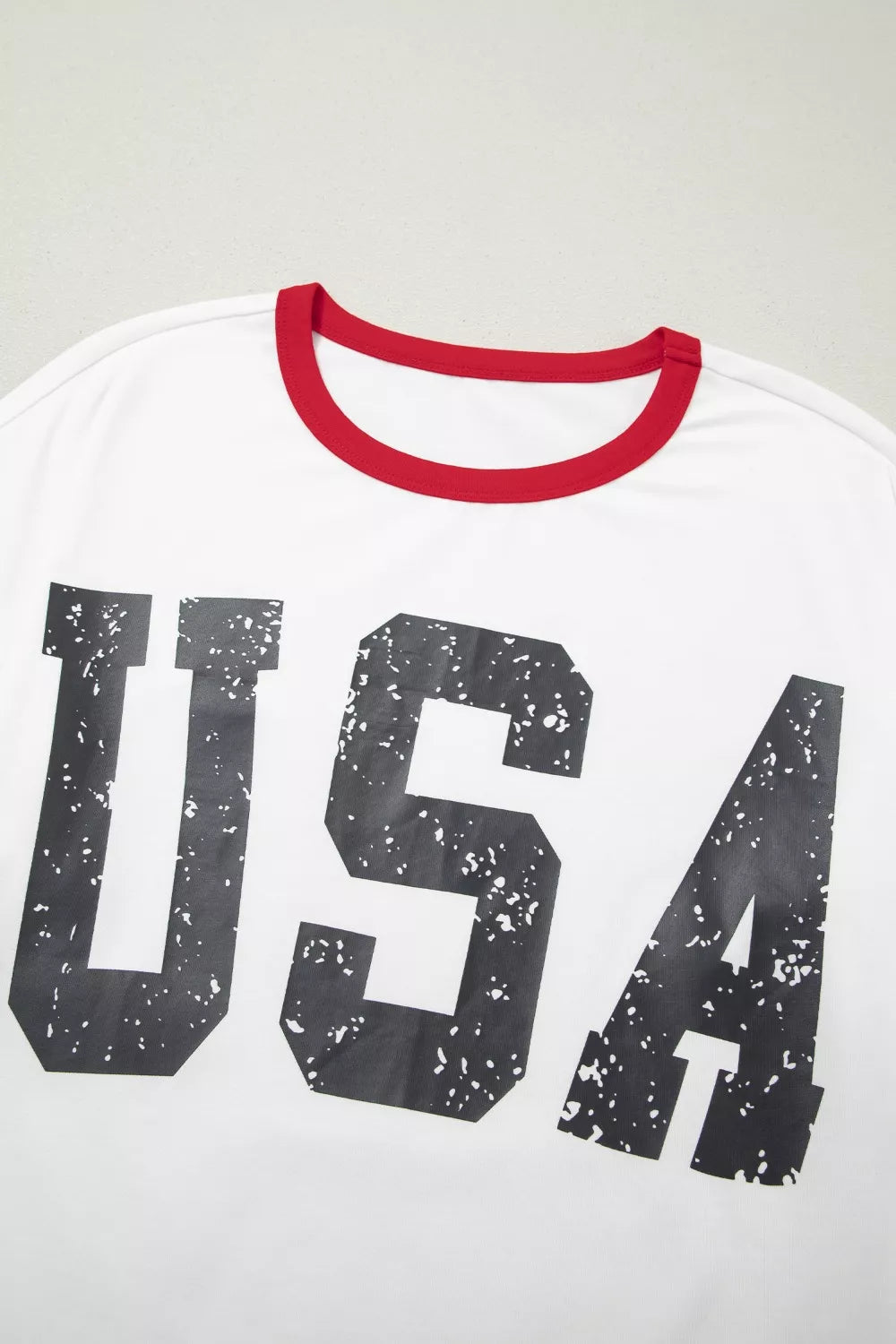 USA Letter Printed Varsity Striped Sleeve Round Neck Tee