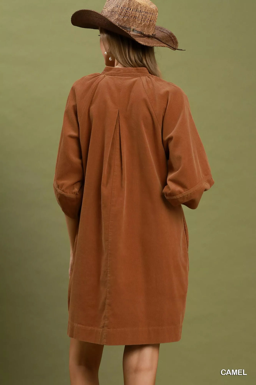 Umgee Corduroy V-Neck Puff Sleeve Shift Dress with Pockets