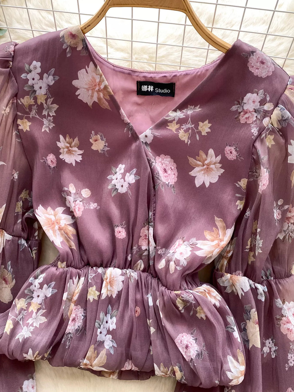 Floral Print Chiffon Balloon Sleeve Blouse