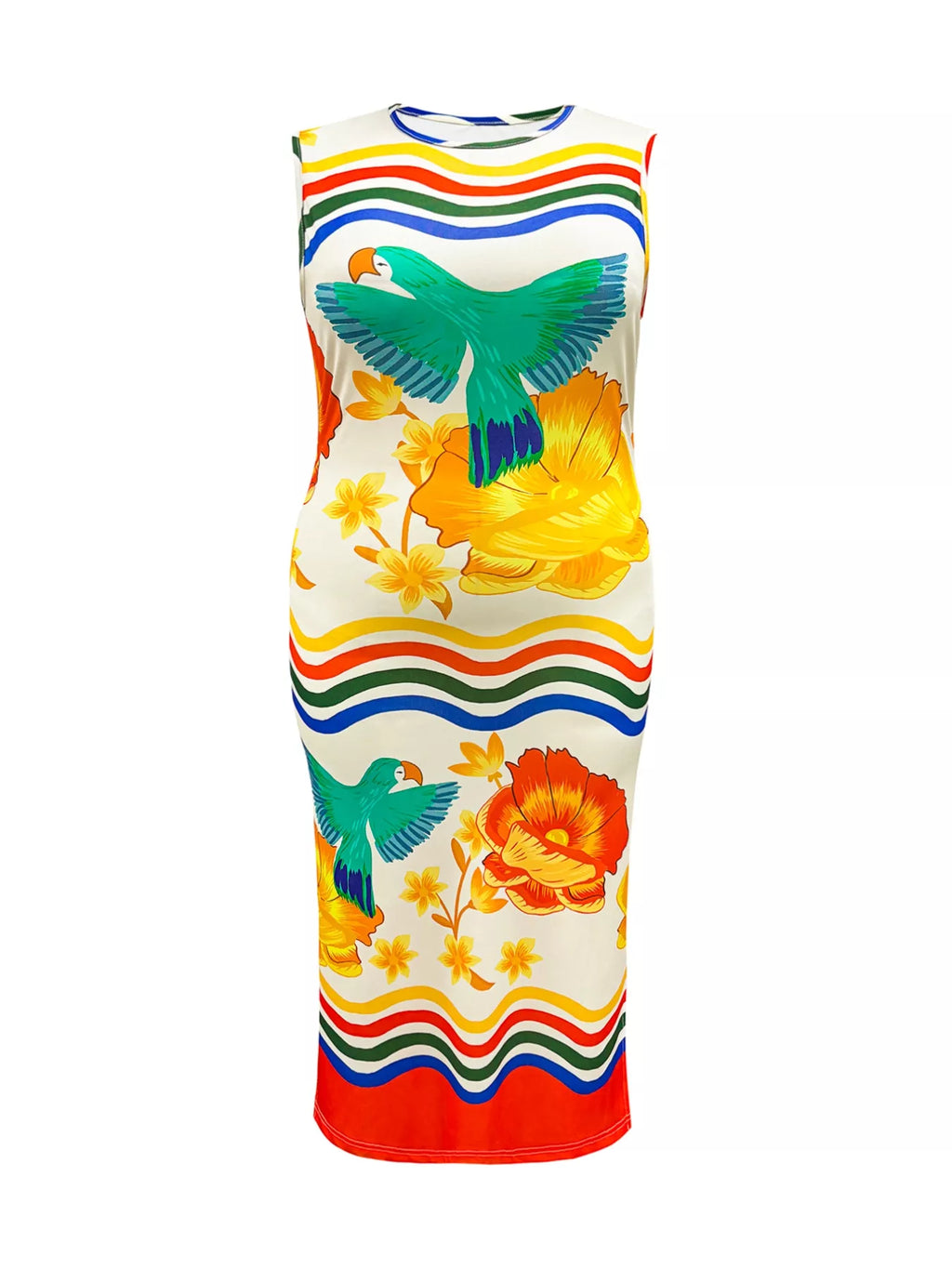 Plus Size Tropical Parrot Print Sleeveless Midi Dress