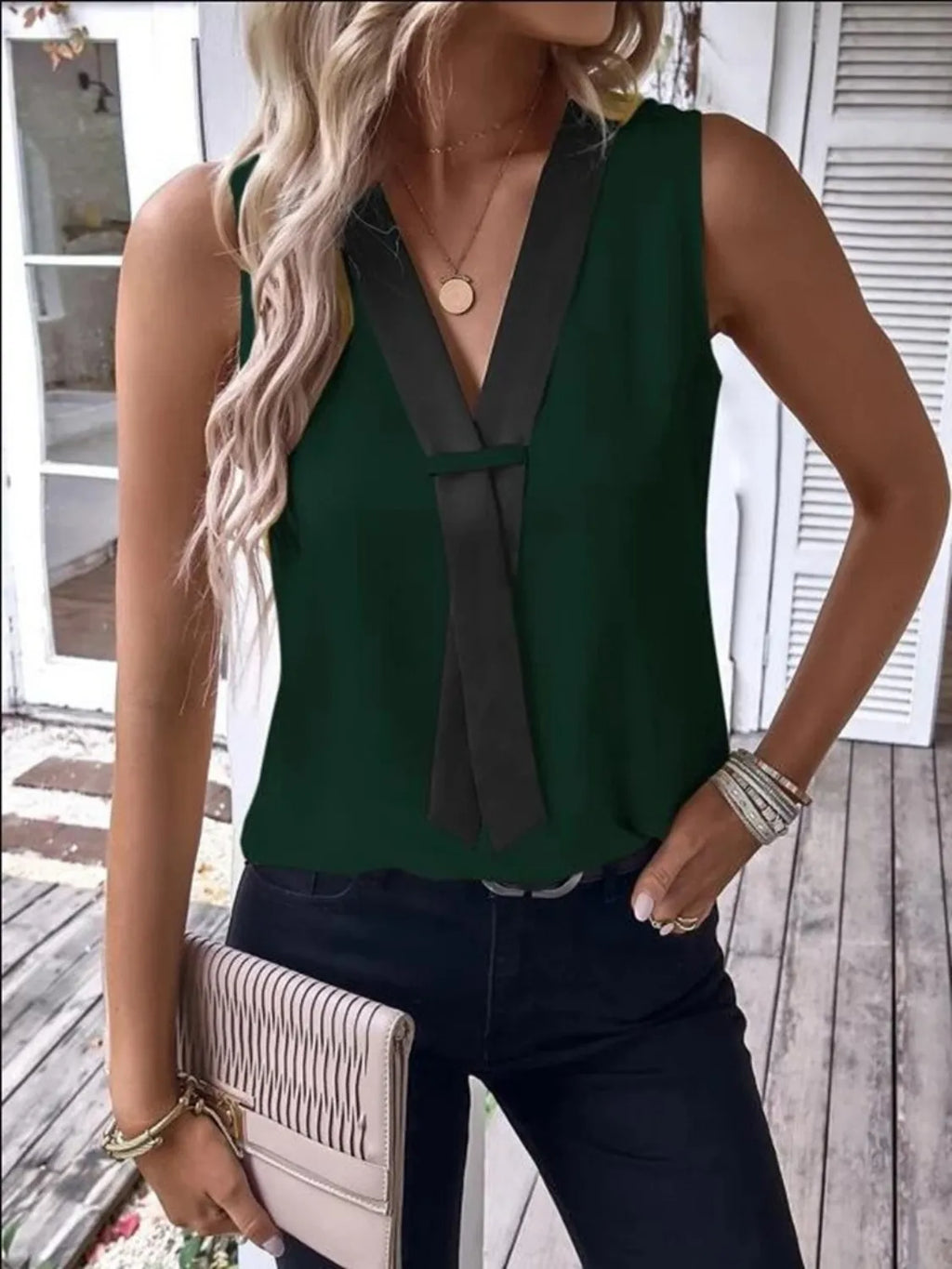 Full Size  V-Neck Contrast Tank Plus Size